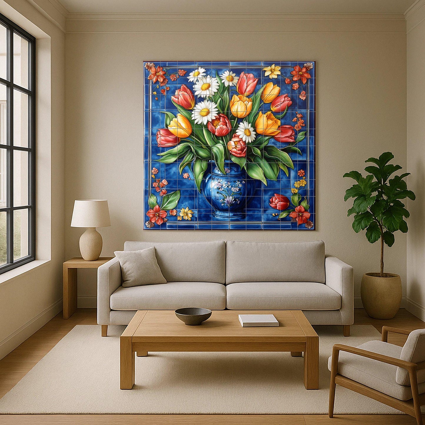 Tulipes et margaritas — Fresque Murale en Carreaux de Céramique · Décor Jardin et Nature