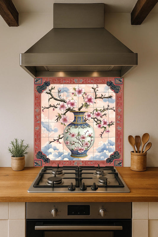 Cerámica con jarrón de porcelana china — Cityscape in Tile · Ceramic Tile Mural