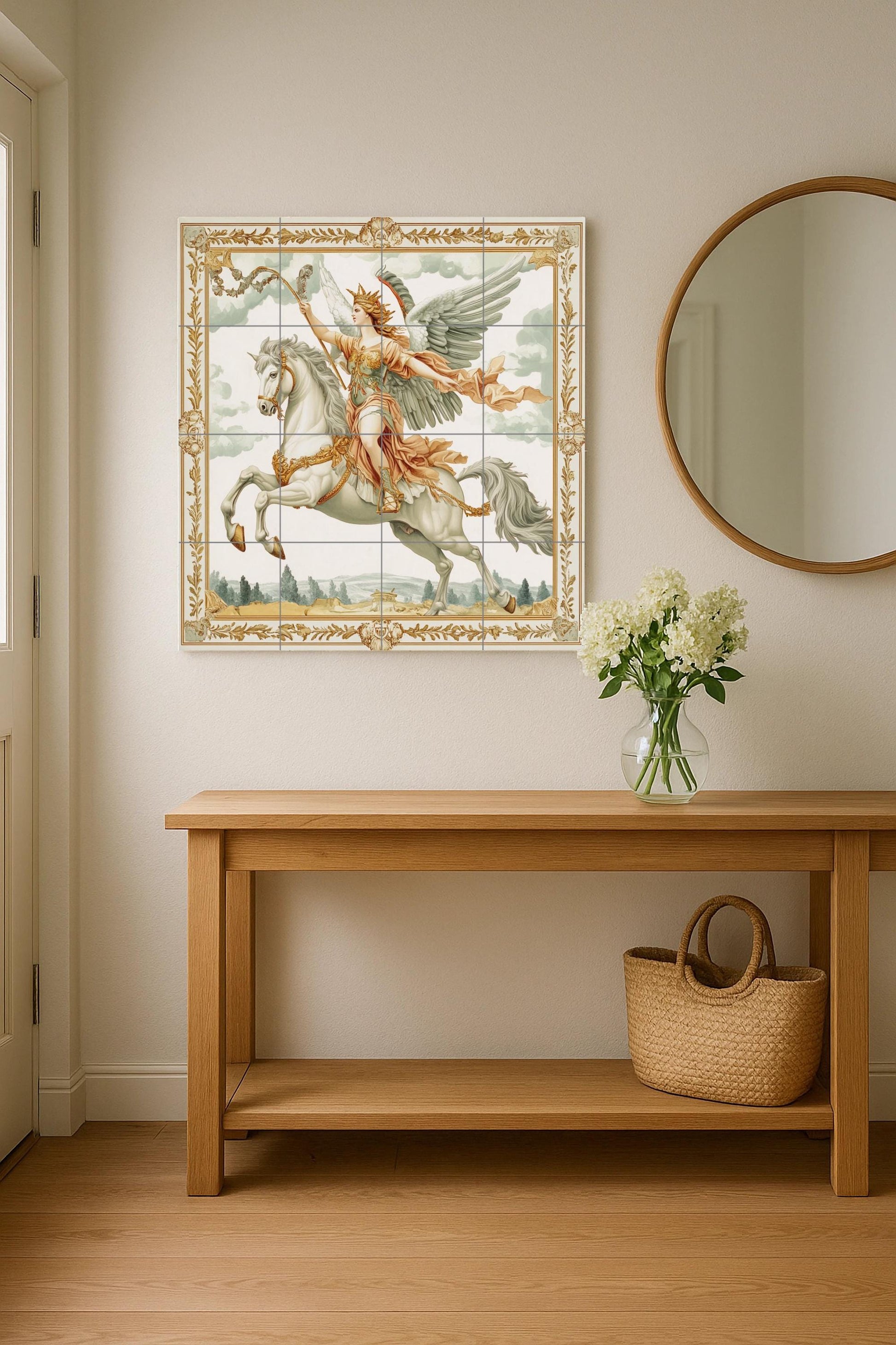 Murale in Piastrelle Majestuoso guerrero alado sobre caballo blanco — Arte Mitologica da Parete