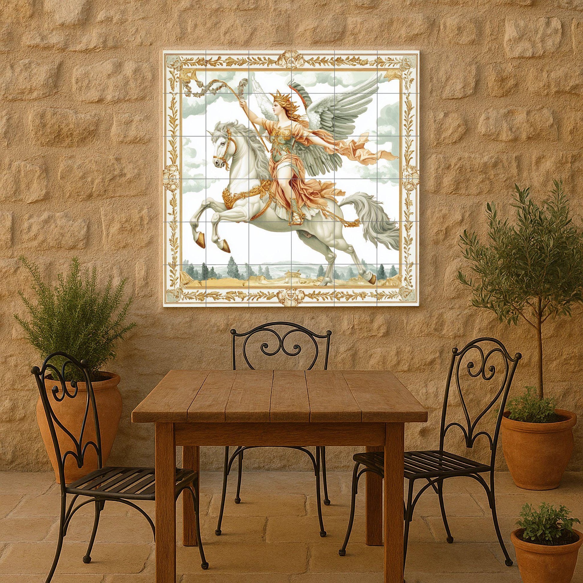 Murale in Piastrelle Majestuoso guerrero alado sobre caballo blanco — Arte Mitologica da Parete