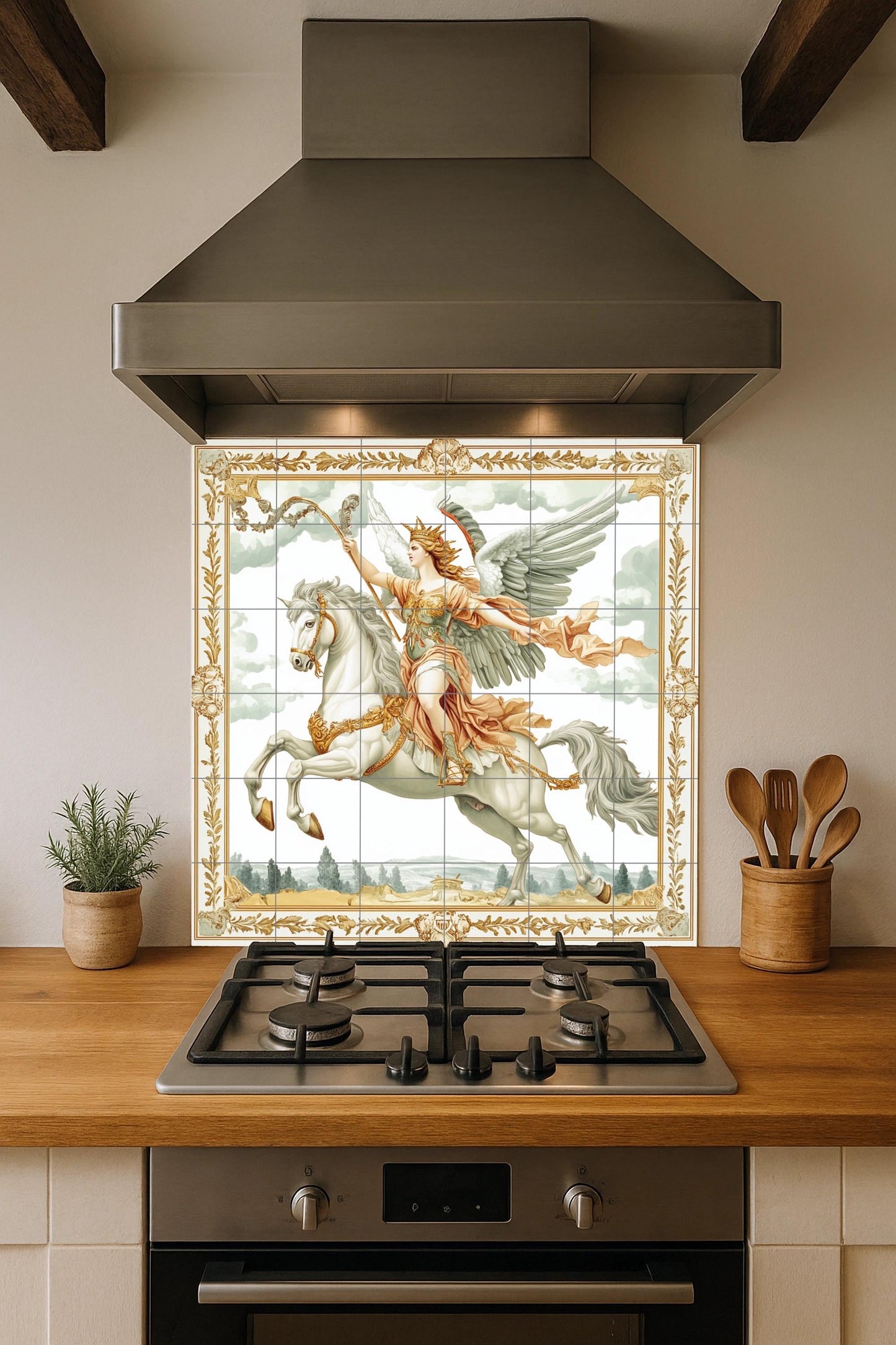 Murale in Piastrelle Majestuoso guerrero alado sobre caballo blanco — Arte Mitologica da Parete
