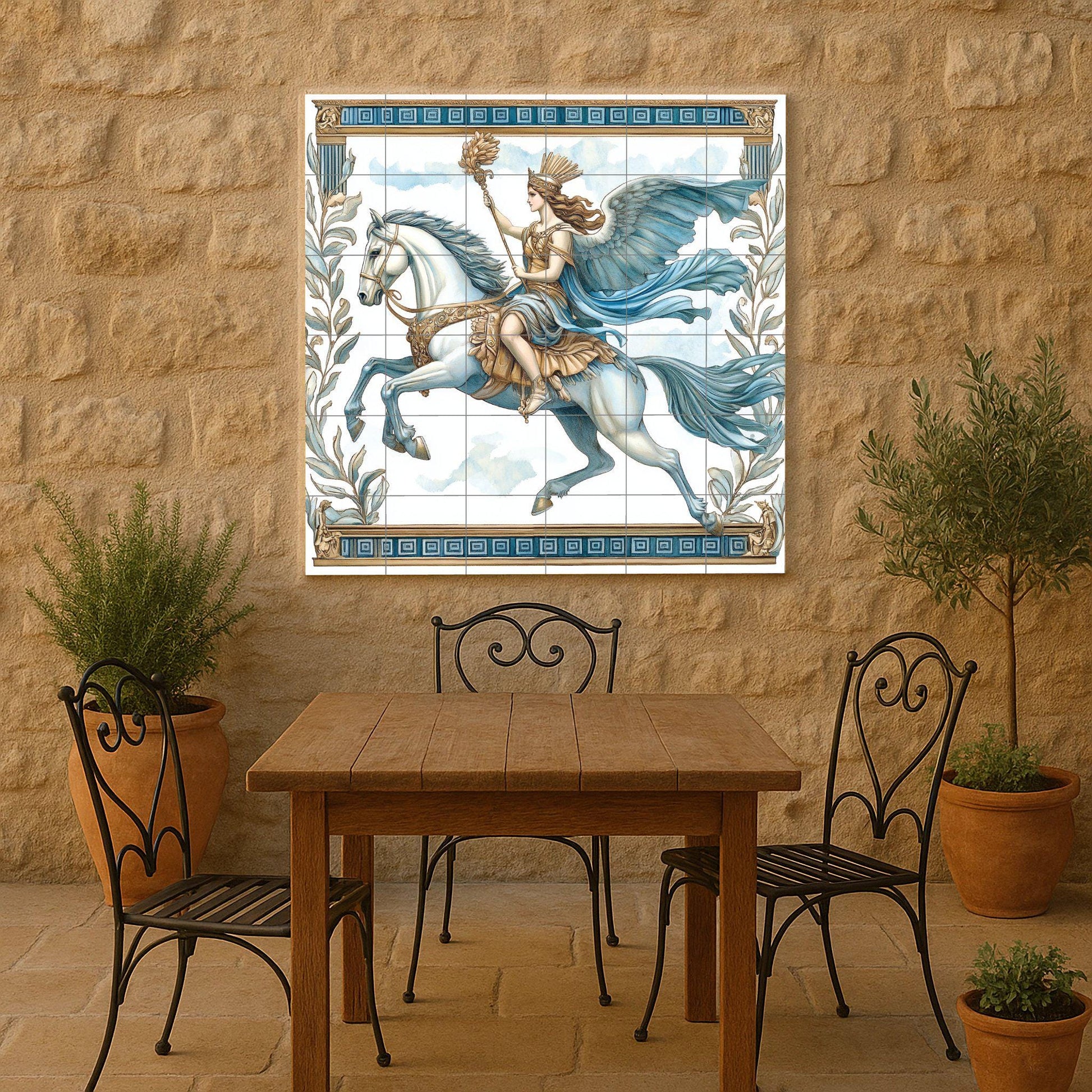Valquiria sur Cheval Alado — Légendes et Épopées, Art Mural en Céramique
