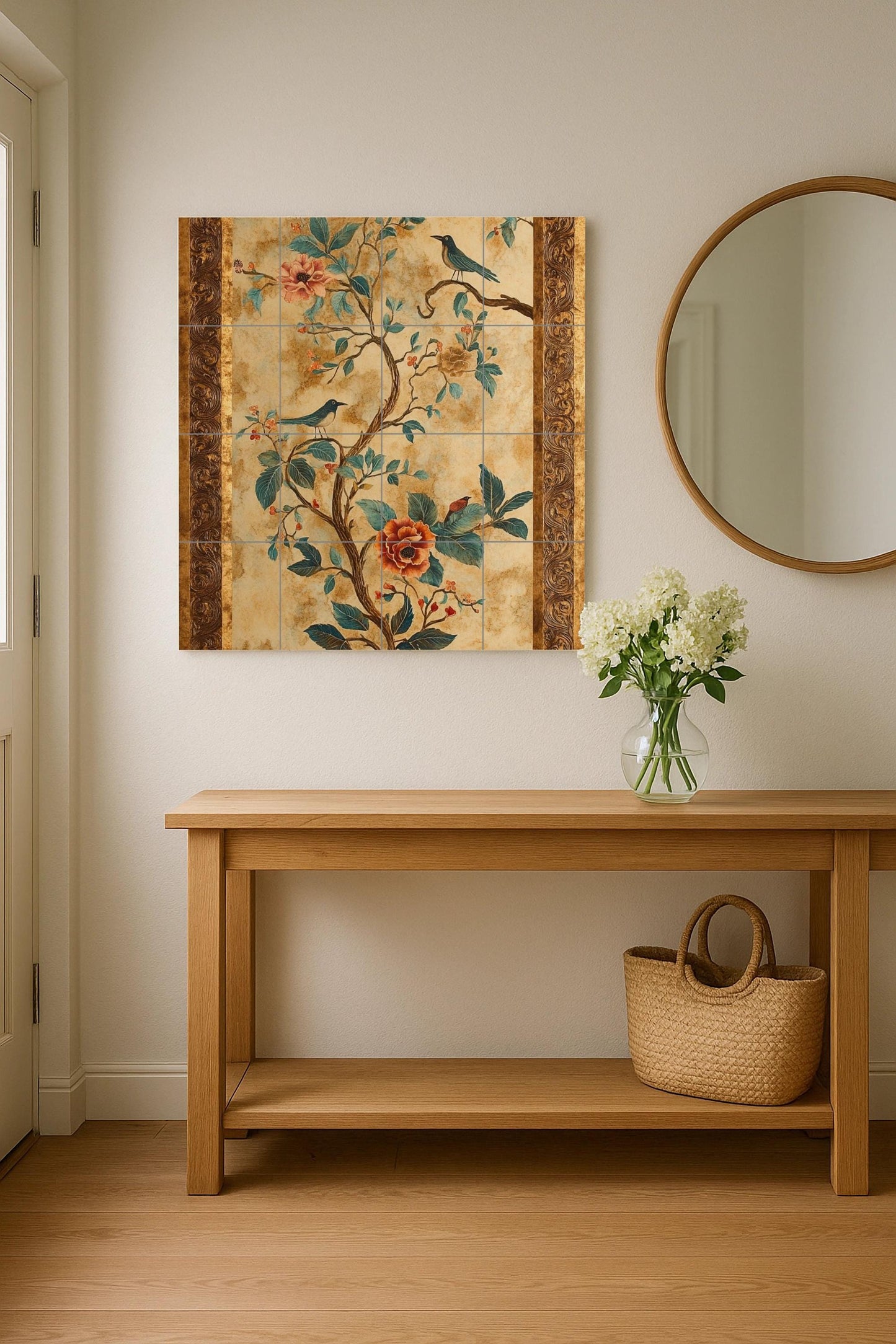 Fresque en Carrelage Fleurs et Oiseaux — Art Mural Nature