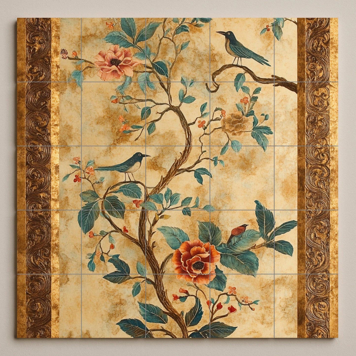 Fresque en Carrelage Fleurs et Oiseaux — Art Mural Nature