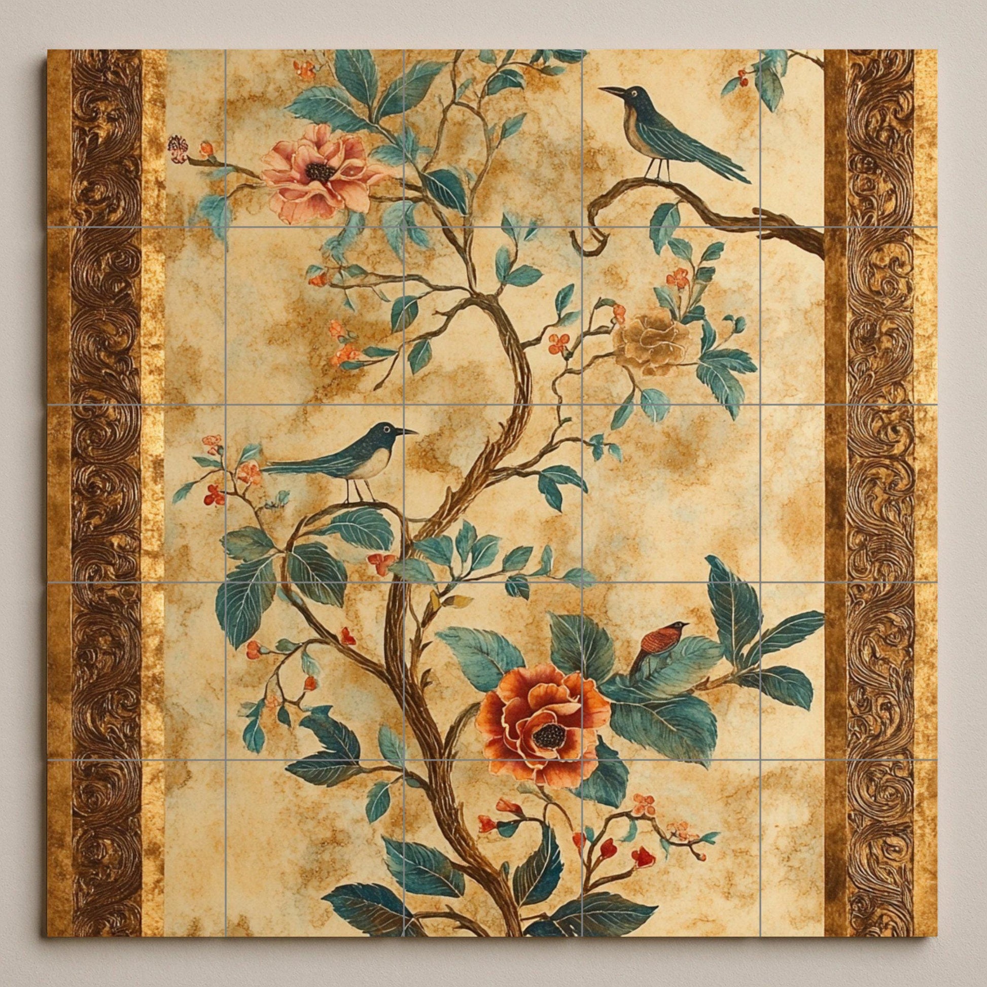 Fresque en Carrelage Fleurs et Oiseaux — Art Mural Nature
