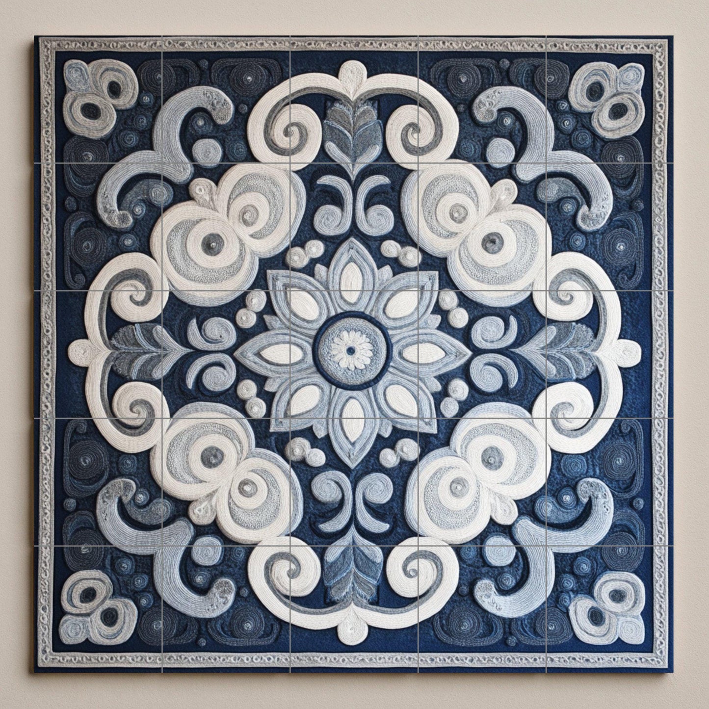 Mural de cerámica azul y blanca