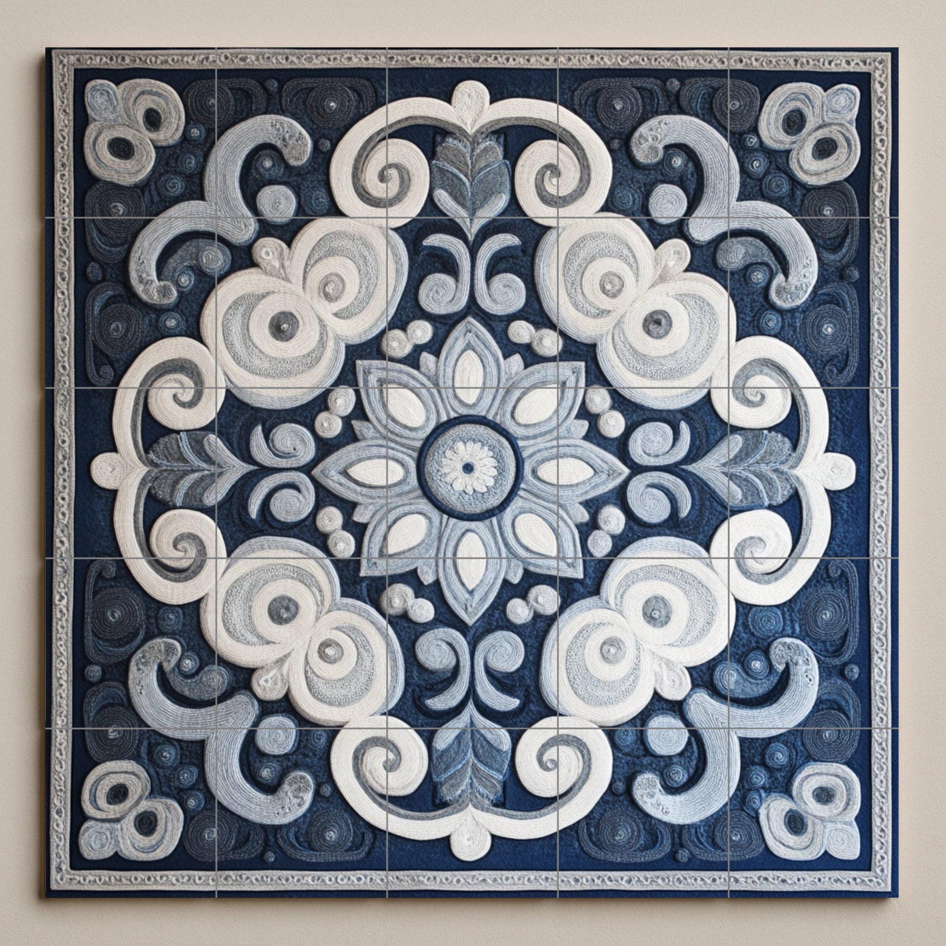 Mural de cerámica azul y blanca