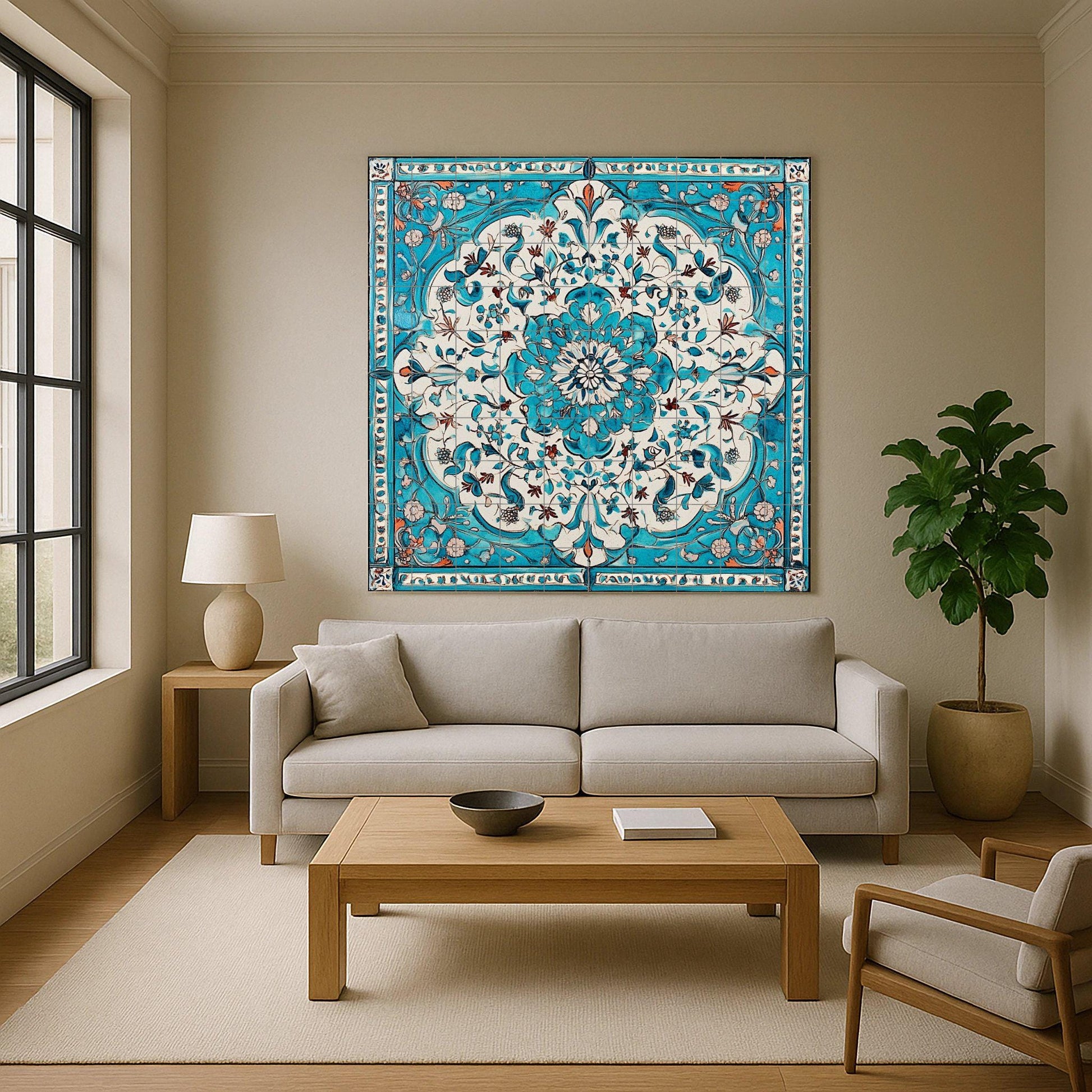 Mural de cerámica turquesa y blanca