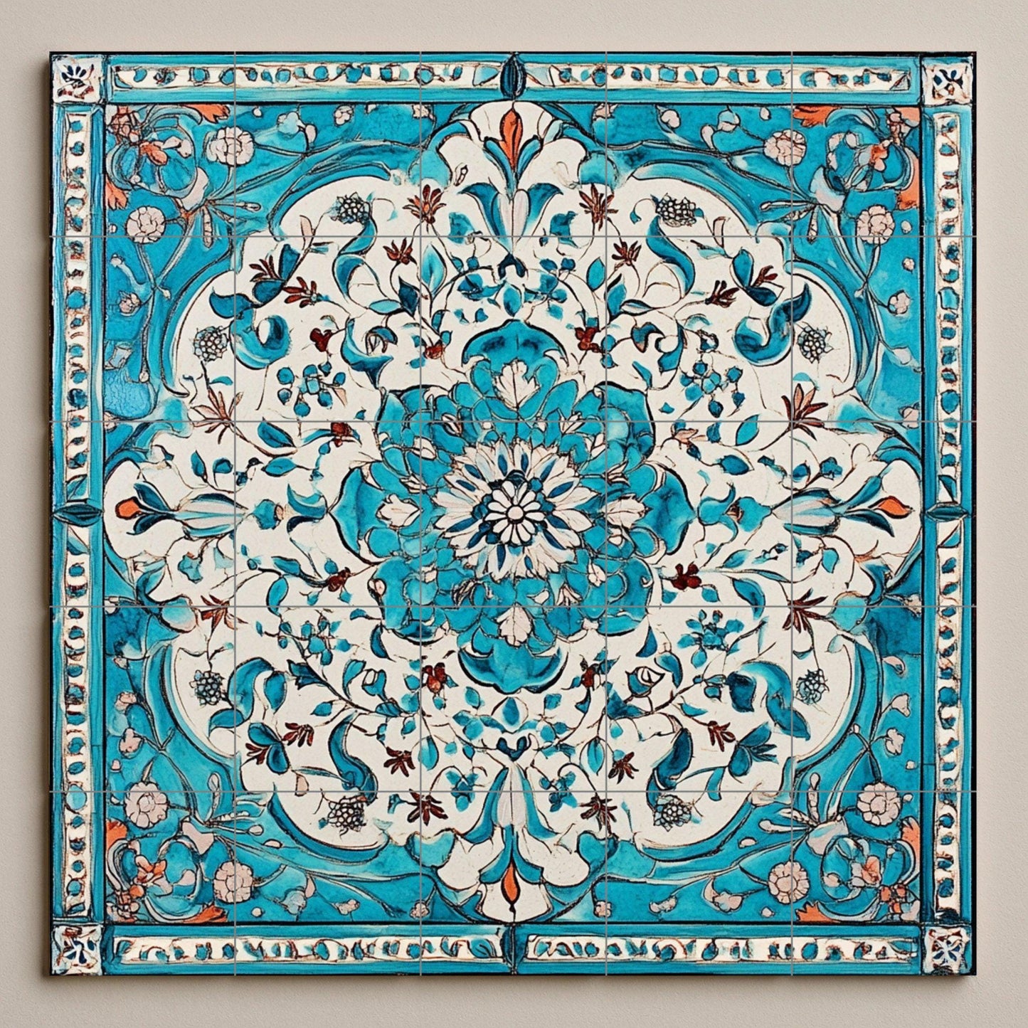 Mural de cerámica turquesa y blanca