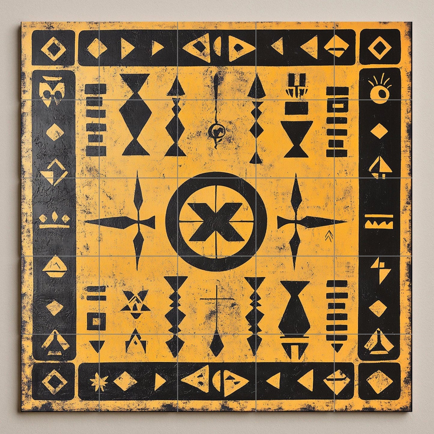 Geometric in Black and ocre — Folk-Art Décor · Ceramic Tile Mural