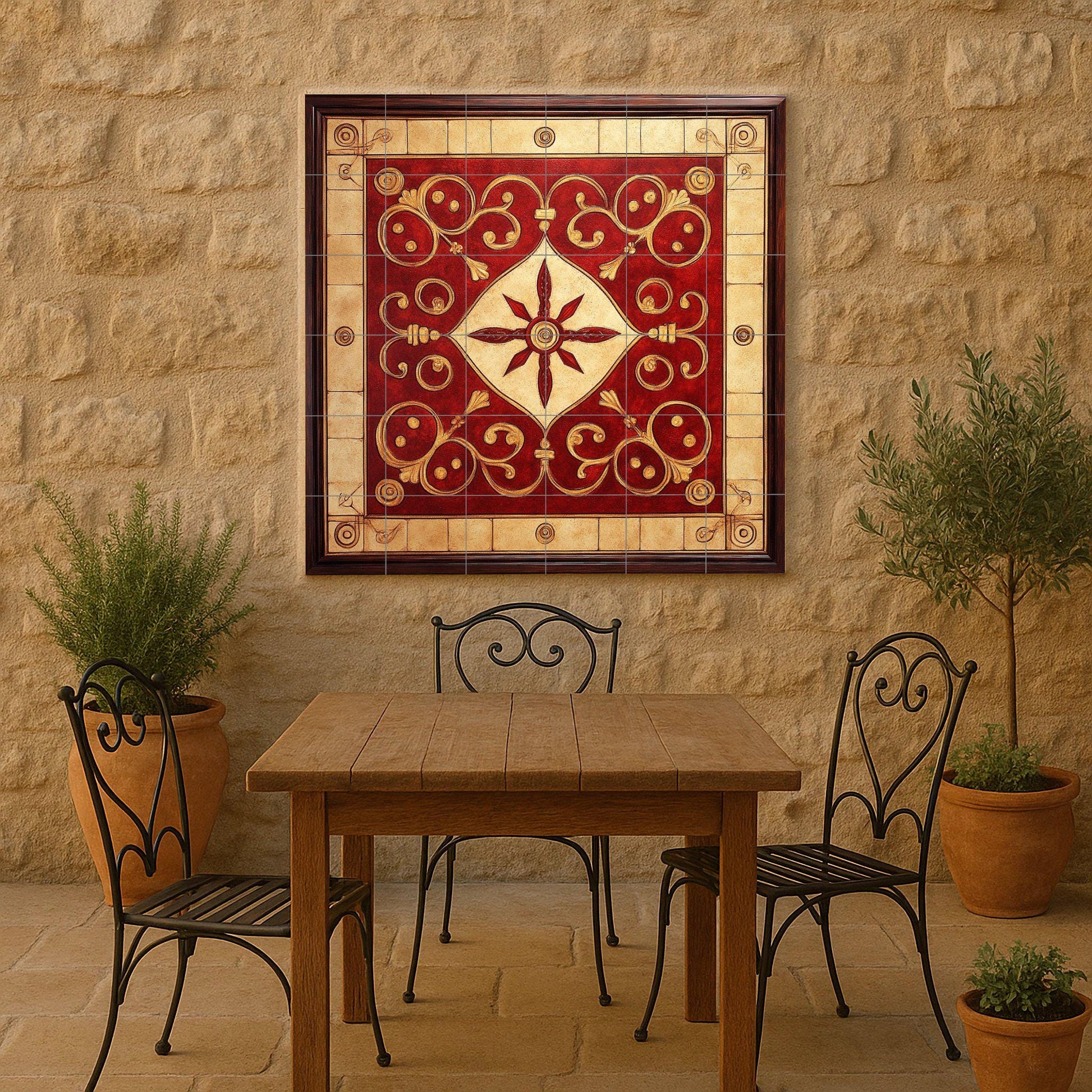 Fresque en Carrelage Cerámica Ornemental Rouge et Doré — Fresque à Motifs Décoratifs
