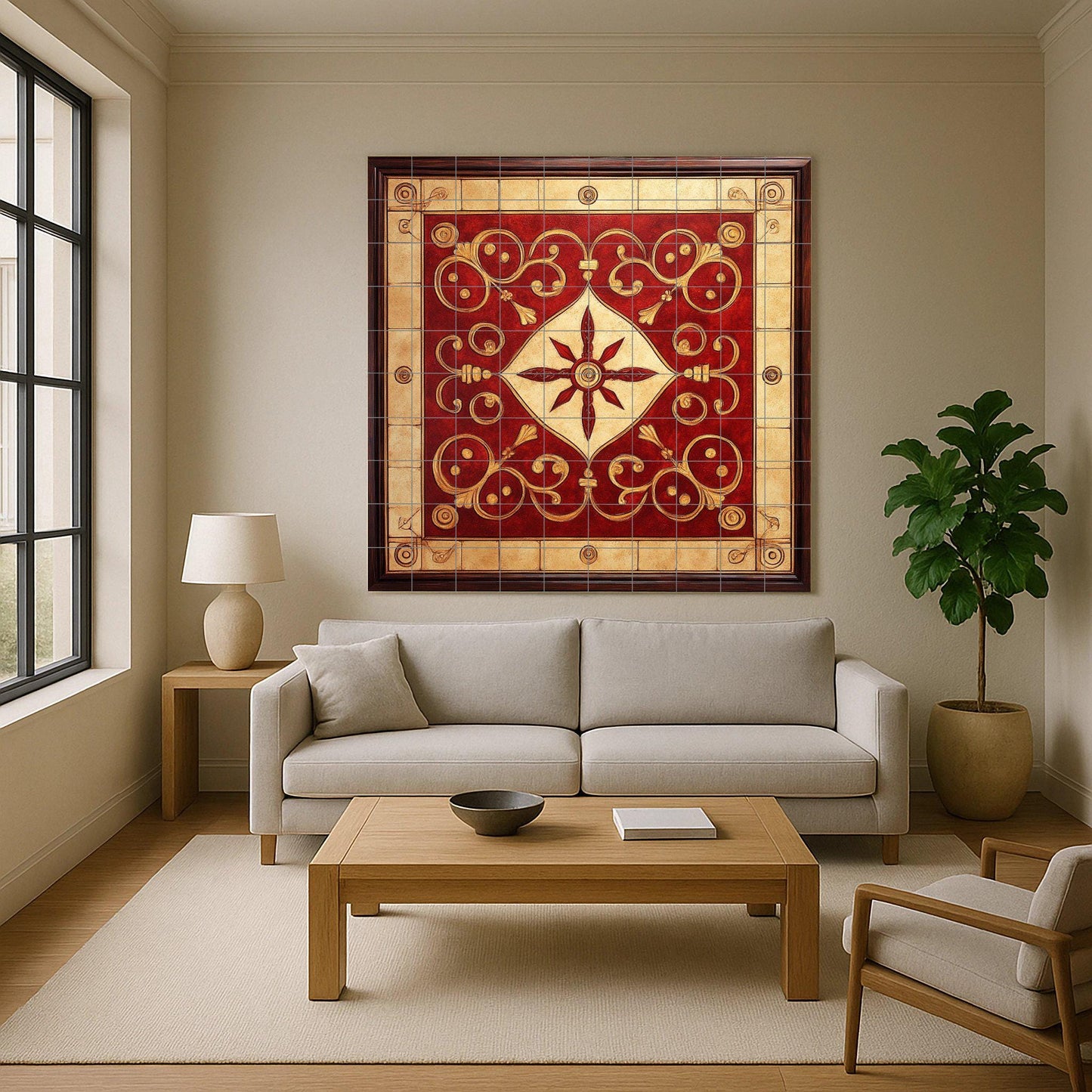 Fresque en Carrelage Cerámica Ornemental Rouge et Doré — Fresque à Motifs Décoratifs