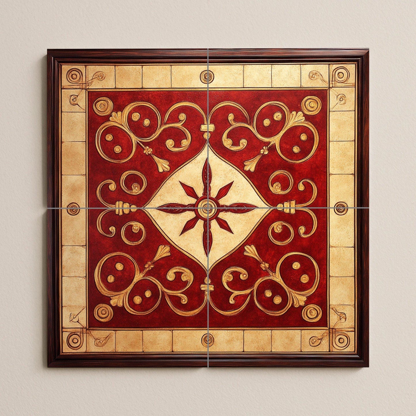 Fresque en Carrelage Cerámica Ornemental Rouge et Doré — Fresque à Motifs Décoratifs