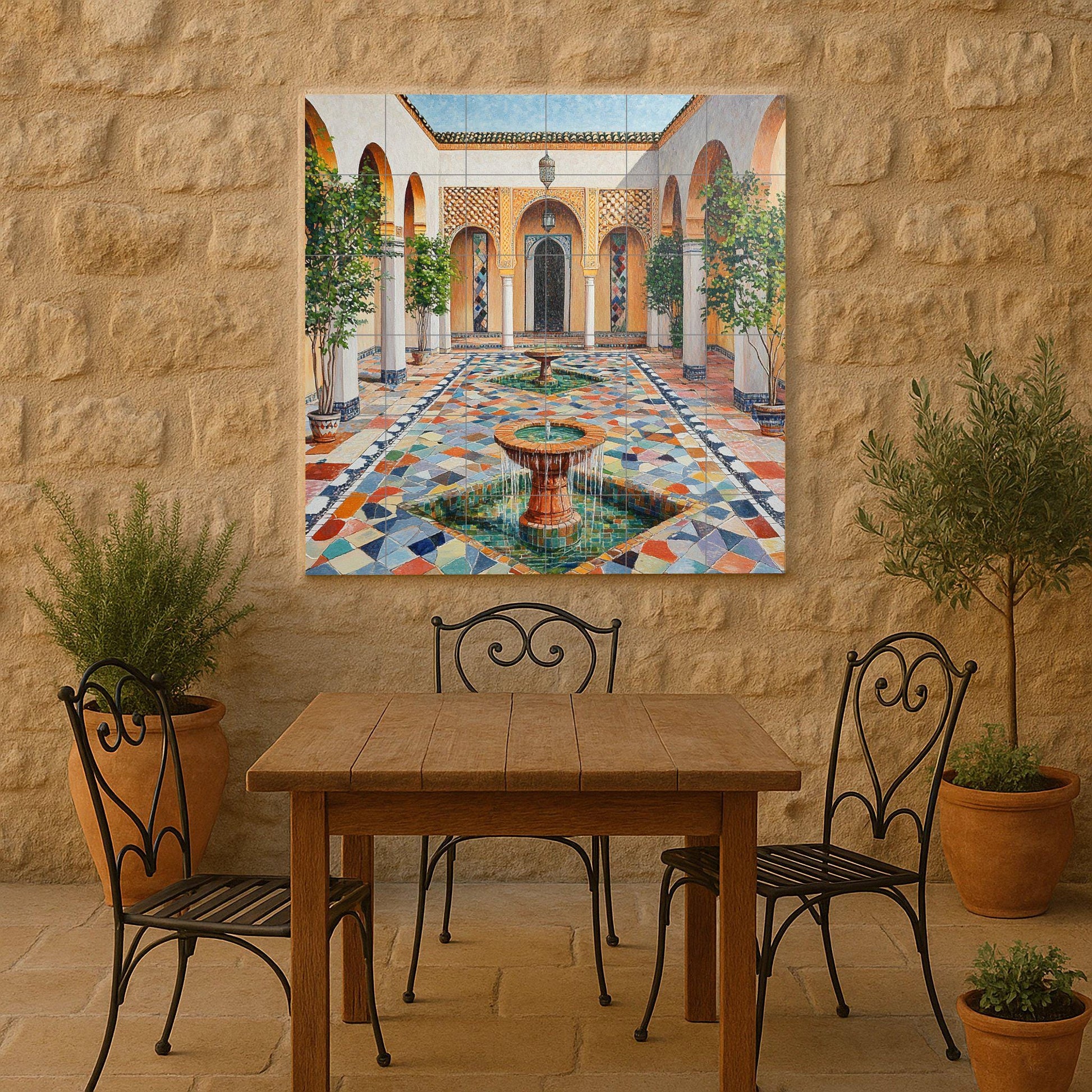 Un riad marroquí con fuente en el patio — Garten- & Natur-Dekor, Wandkunst aus Keramikfliesen