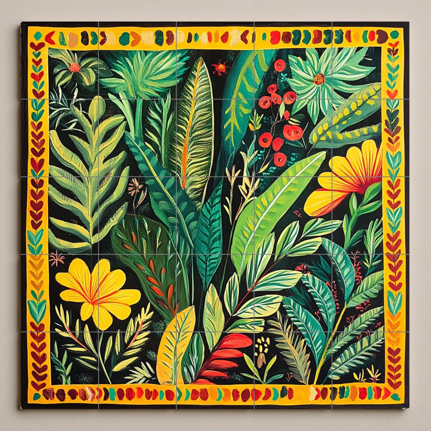 Mural de cerámica colombiana con follaje tropical