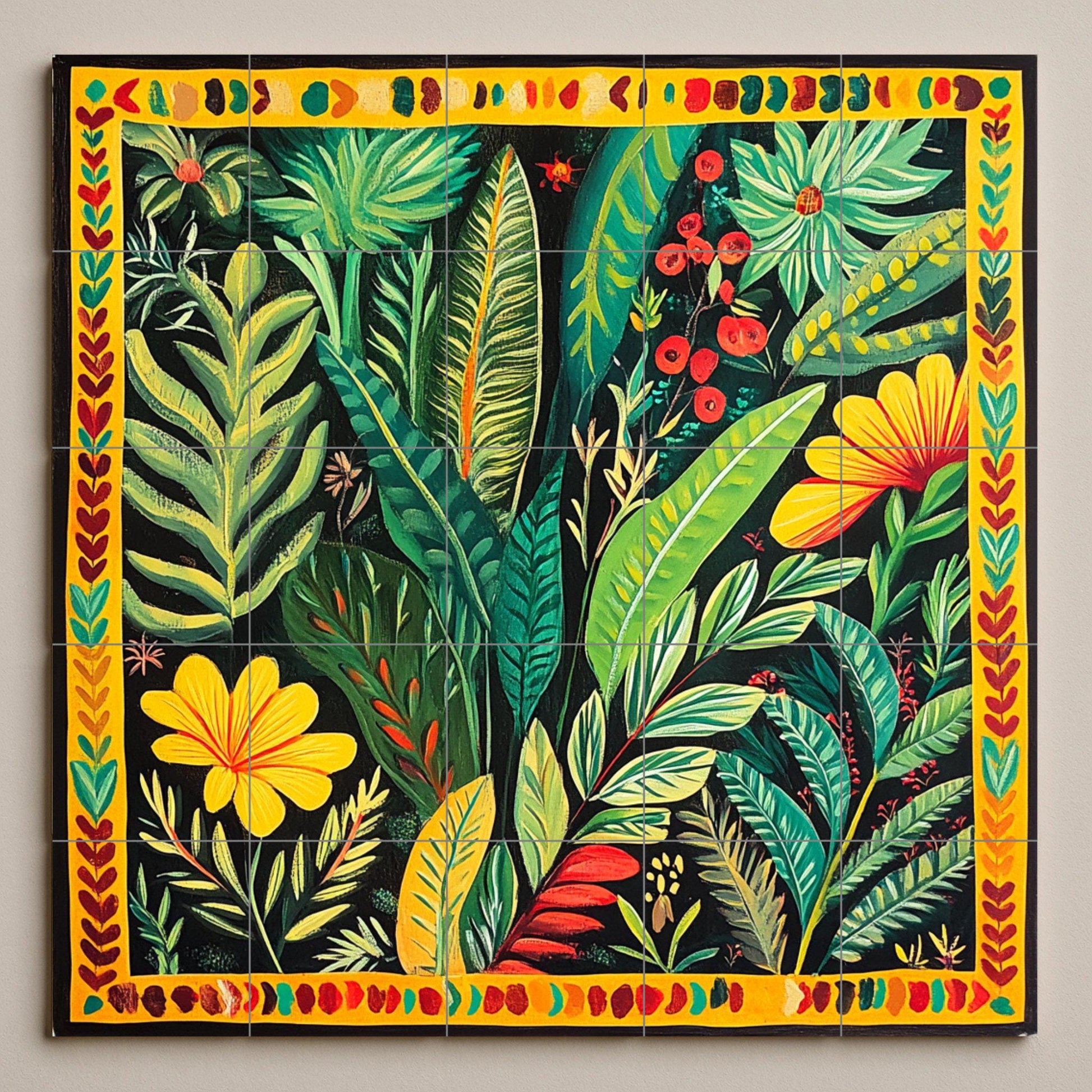 Mural de cerámica colombiana con follaje tropical