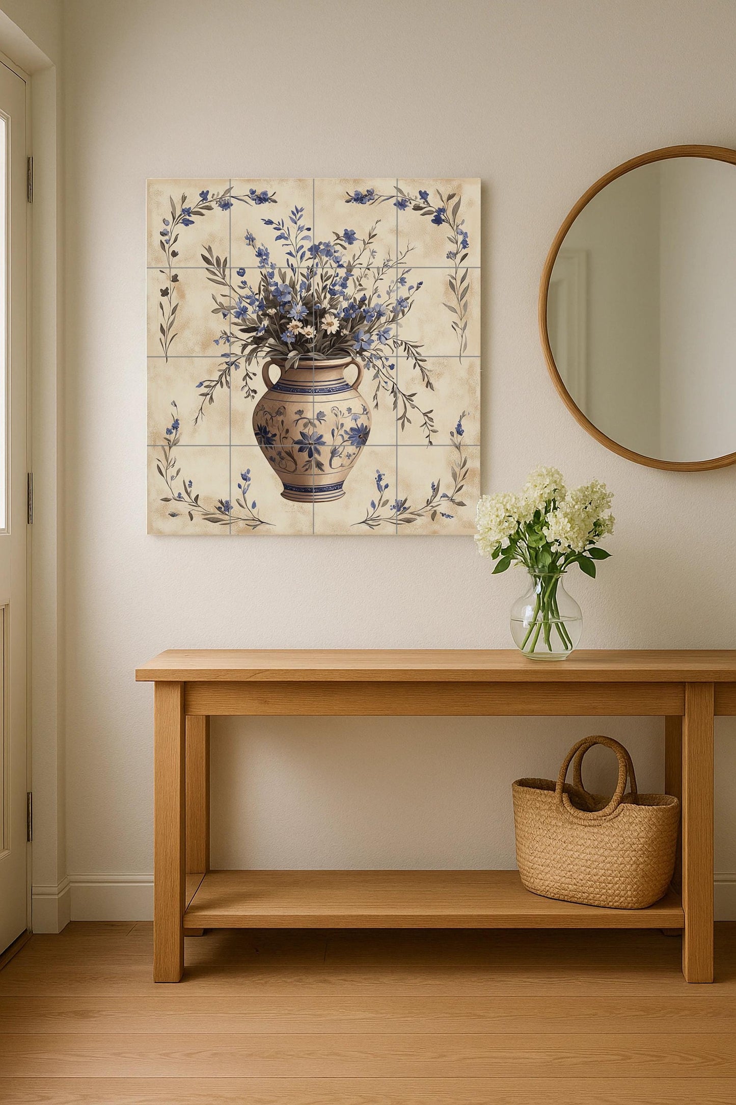 Ceramic Tile Mural: Cerámica with Vase Floral Blue — Nature Wall Art