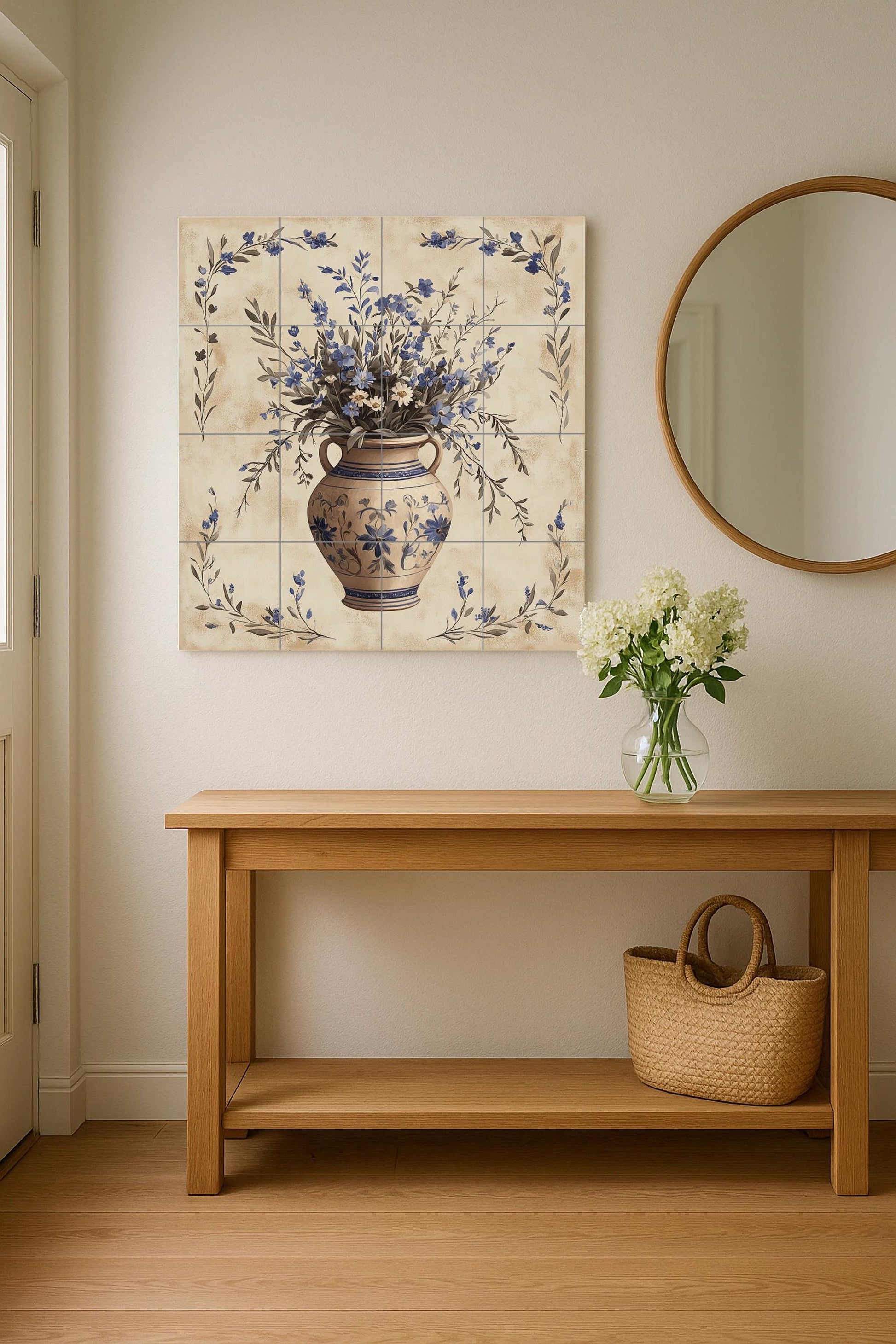 Ceramic Tile Mural: Cerámica with Vase Floral Blue — Nature Wall Art