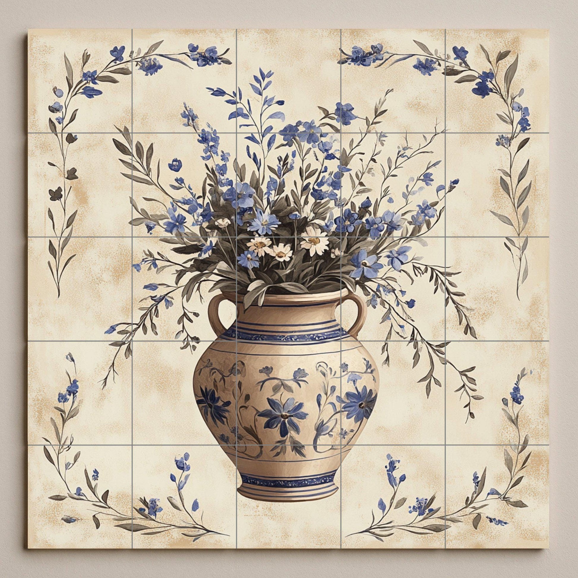 Ceramic Tile Mural: Cerámica with Vase Floral Blue — Nature Wall Art