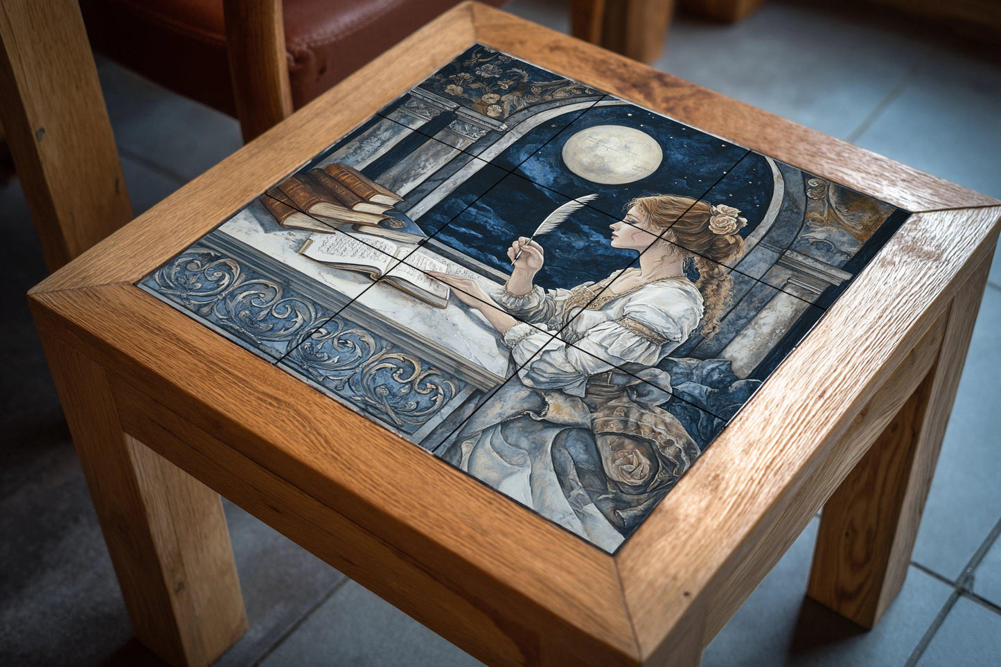 Fresque en Carrelage Historique de la Dame avec Pluma de Moonlit Arch — Panneau Mural Ornemental