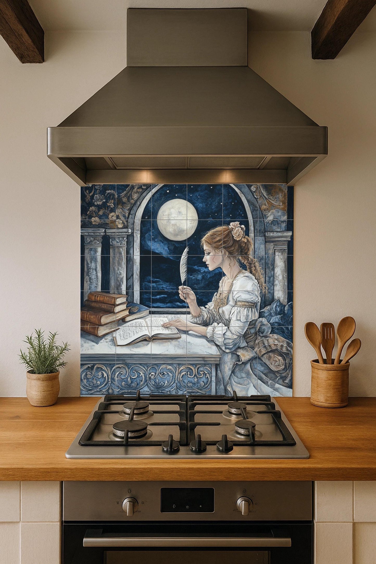 Fresque en Carrelage Historique de la Dame avec Pluma de Moonlit Arch — Panneau Mural Ornemental