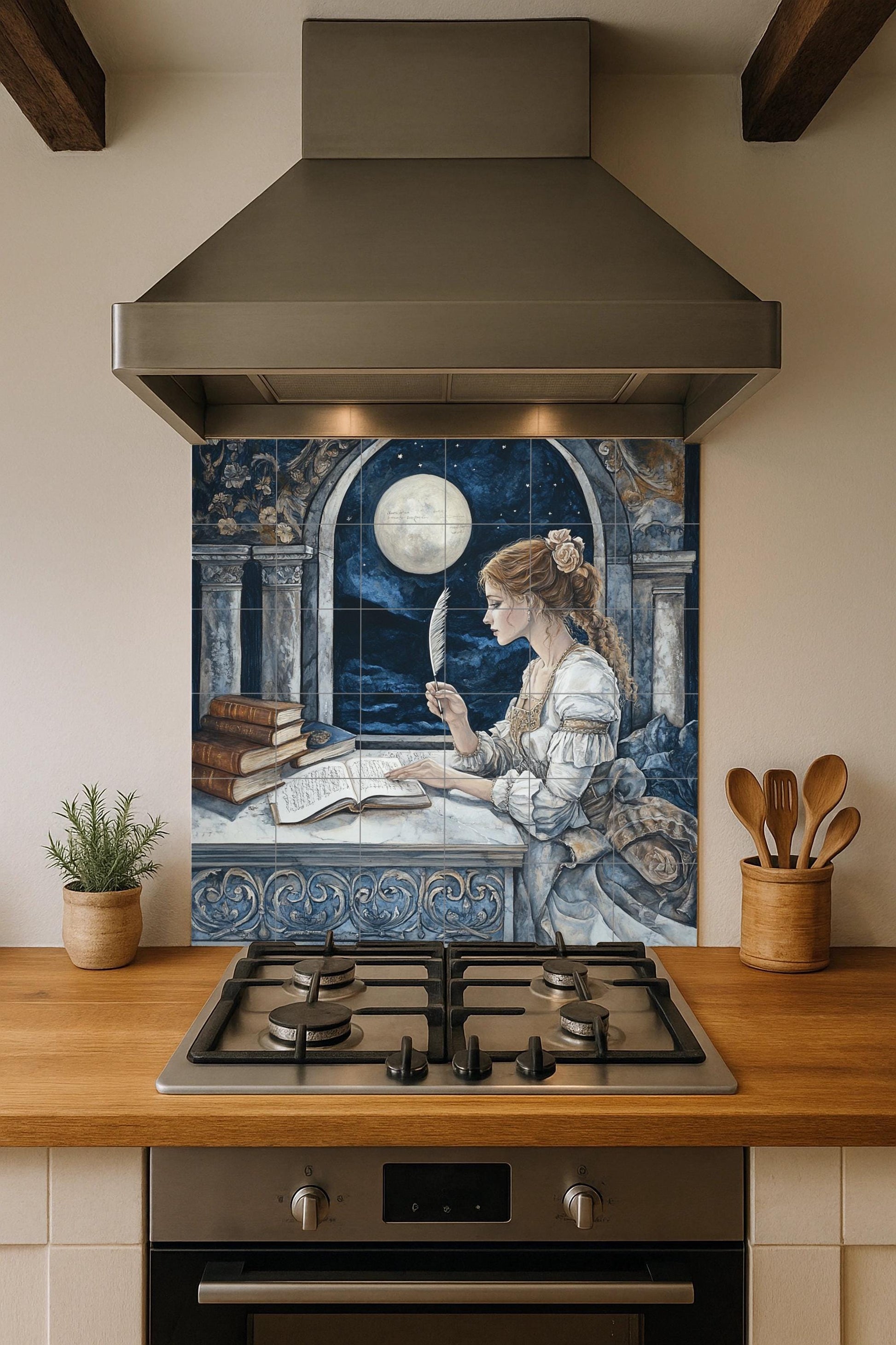 Fresque en Carrelage Historique de la Dame avec Pluma de Moonlit Arch — Panneau Mural Ornemental