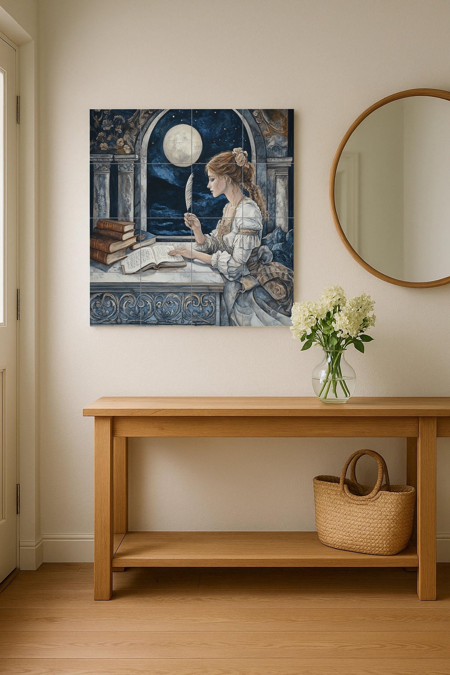 Fresque en Carrelage Historique de la Dame avec Pluma de Moonlit Arch — Panneau Mural Ornemental