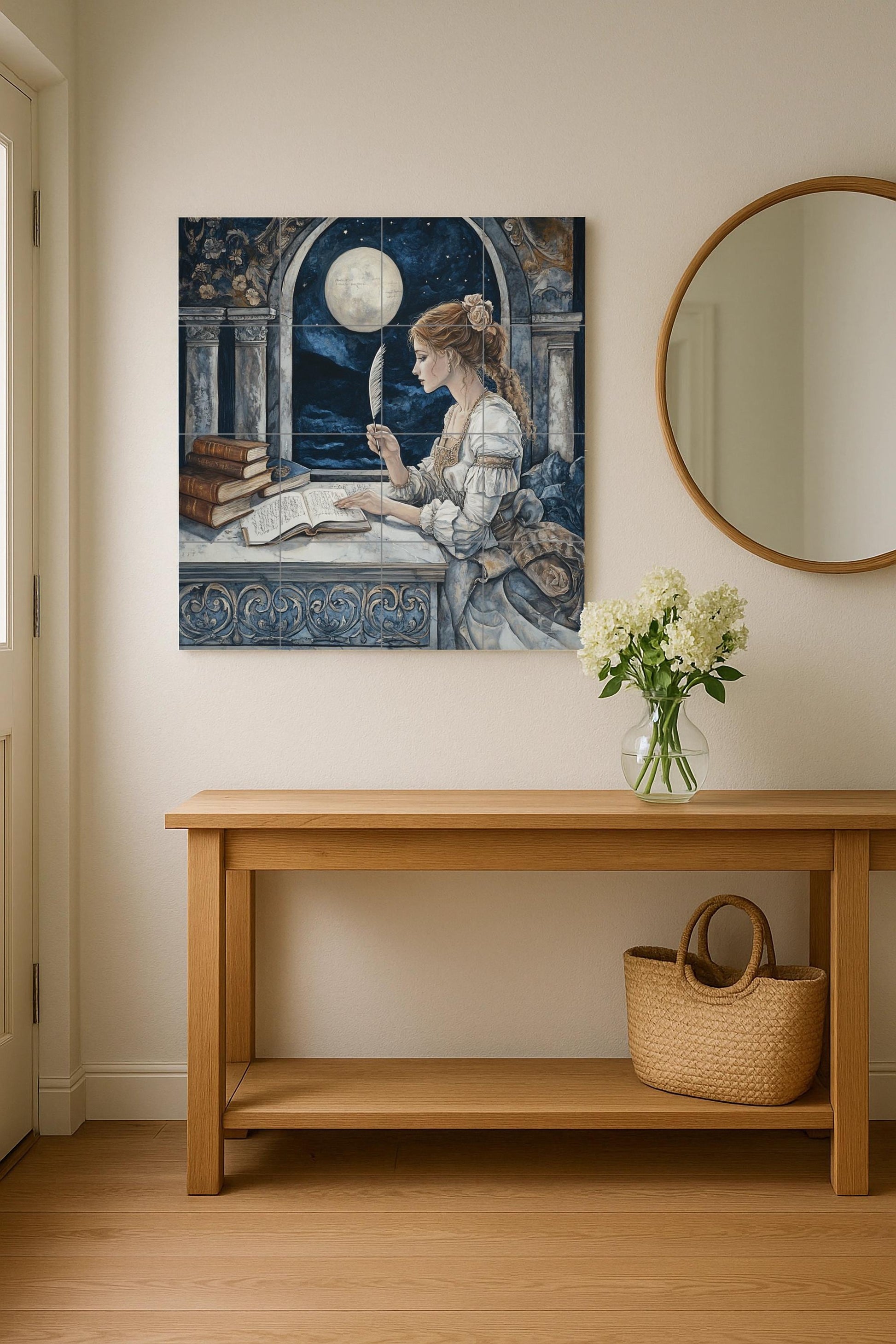 Fresque en Carrelage Historique de la Dame avec Pluma de Moonlit Arch — Panneau Mural Ornemental