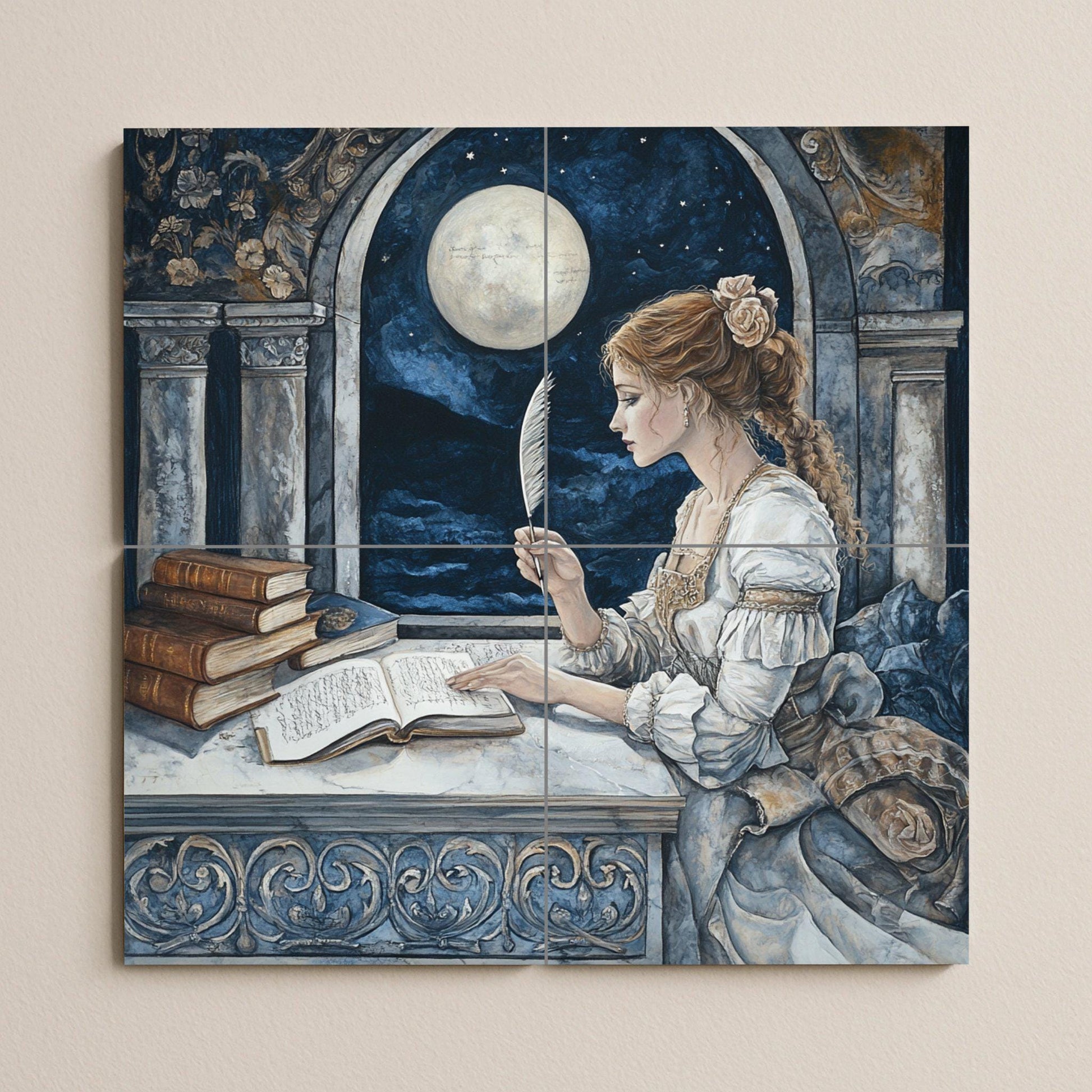 Fresque en Carrelage Historique de la Dame avec Pluma de Moonlit Arch — Panneau Mural Ornemental