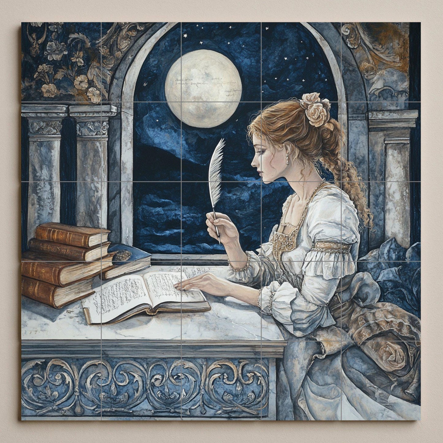 Fresque en Carrelage Historique de la Dame avec Pluma de Moonlit Arch — Panneau Mural Ornemental