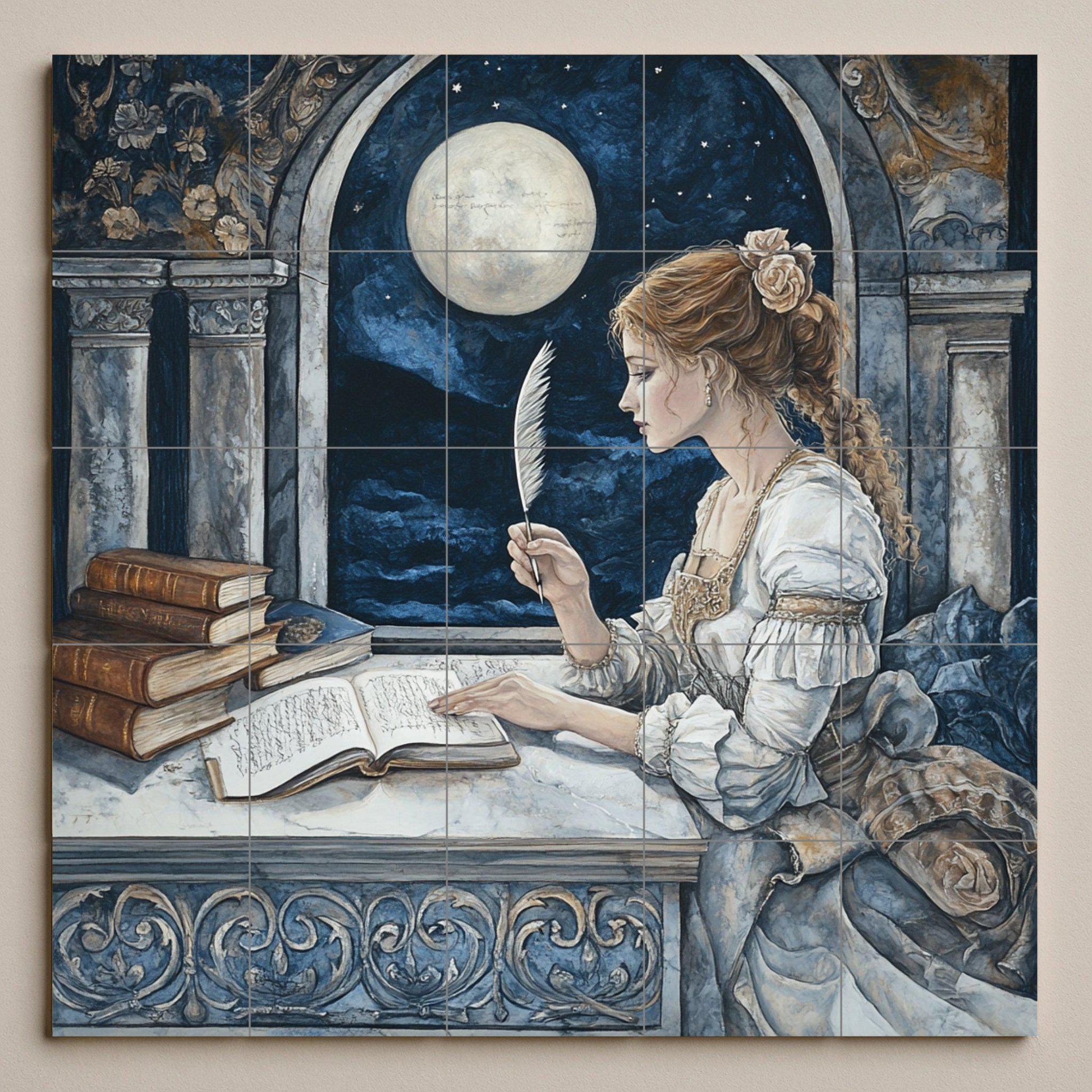 Fresque en Carrelage Historique de la Dame avec Pluma de Moonlit Arch — Panneau Mural Ornemental