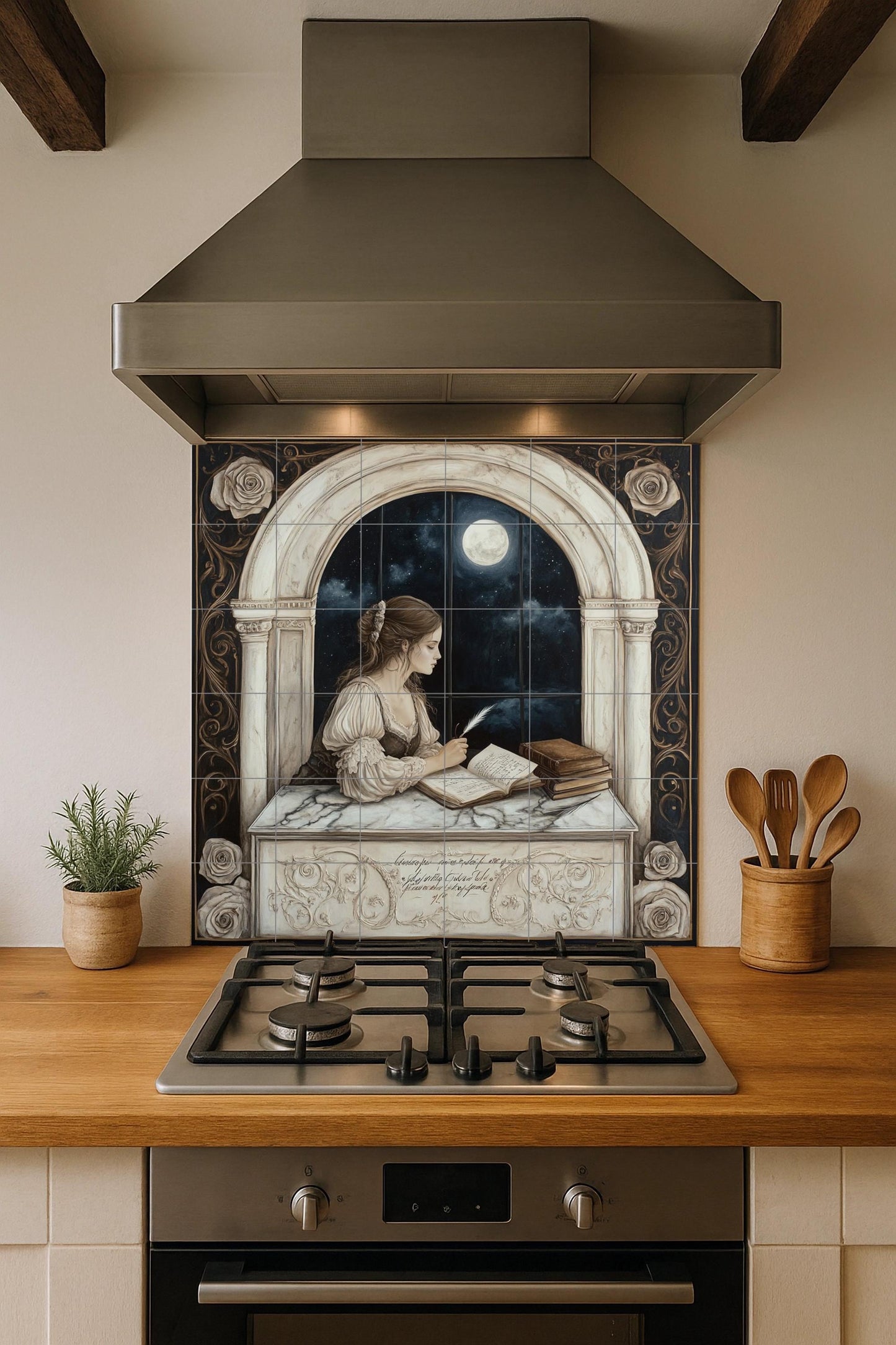 Romántico de cerámica de una dama escribiendo junto a una ventana ilumi · Keramik-Wandbild — Ornamentales Wandpaneel