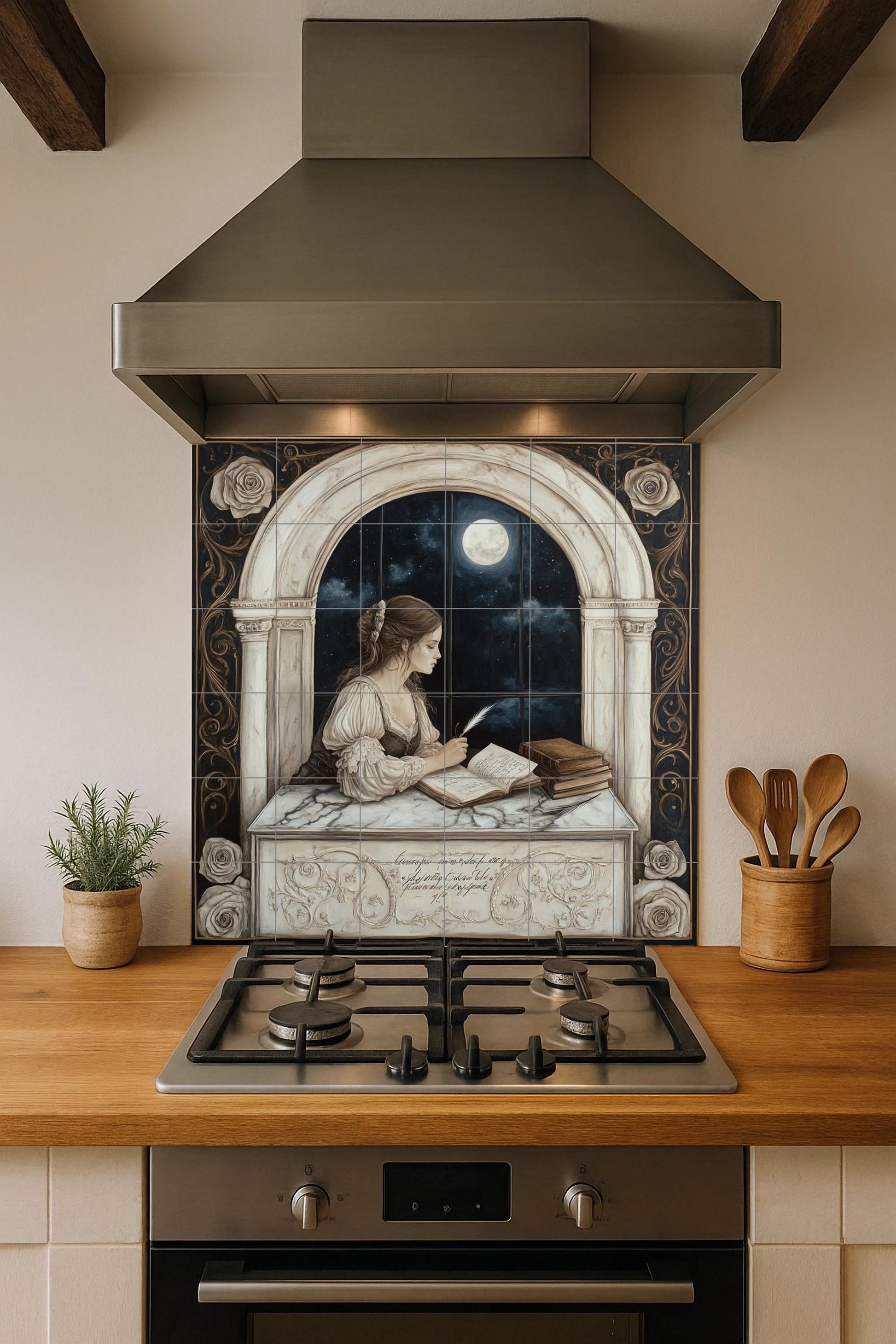 Romántico de cerámica de una dama escribiendo junto a una ventana ilumi · Keramik-Wandbild — Ornamentales Wandpaneel