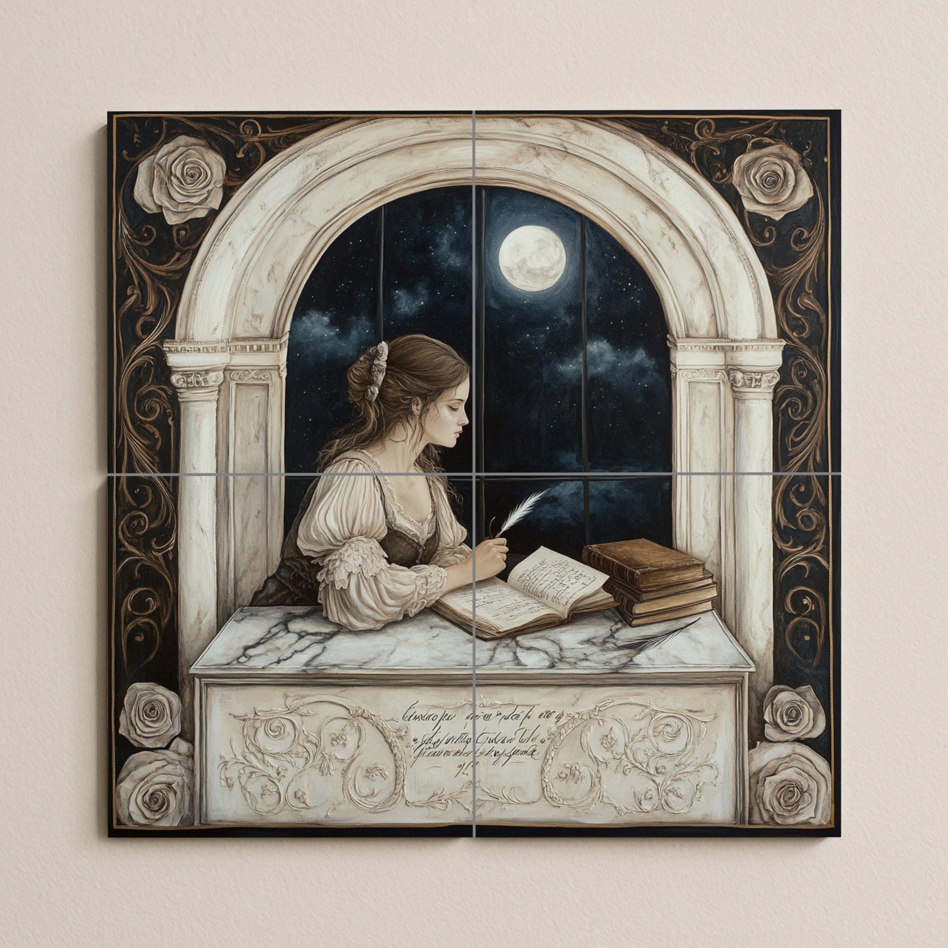 Romántico de cerámica de una dama escribiendo junto a una ventana ilumi · Keramik-Wandbild — Ornamentales Wandpaneel