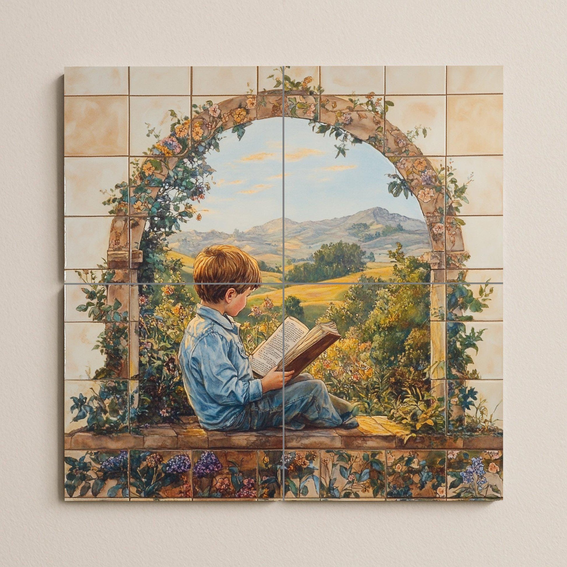 Mural de cerámica con un niño leyendo en un arco de jardín