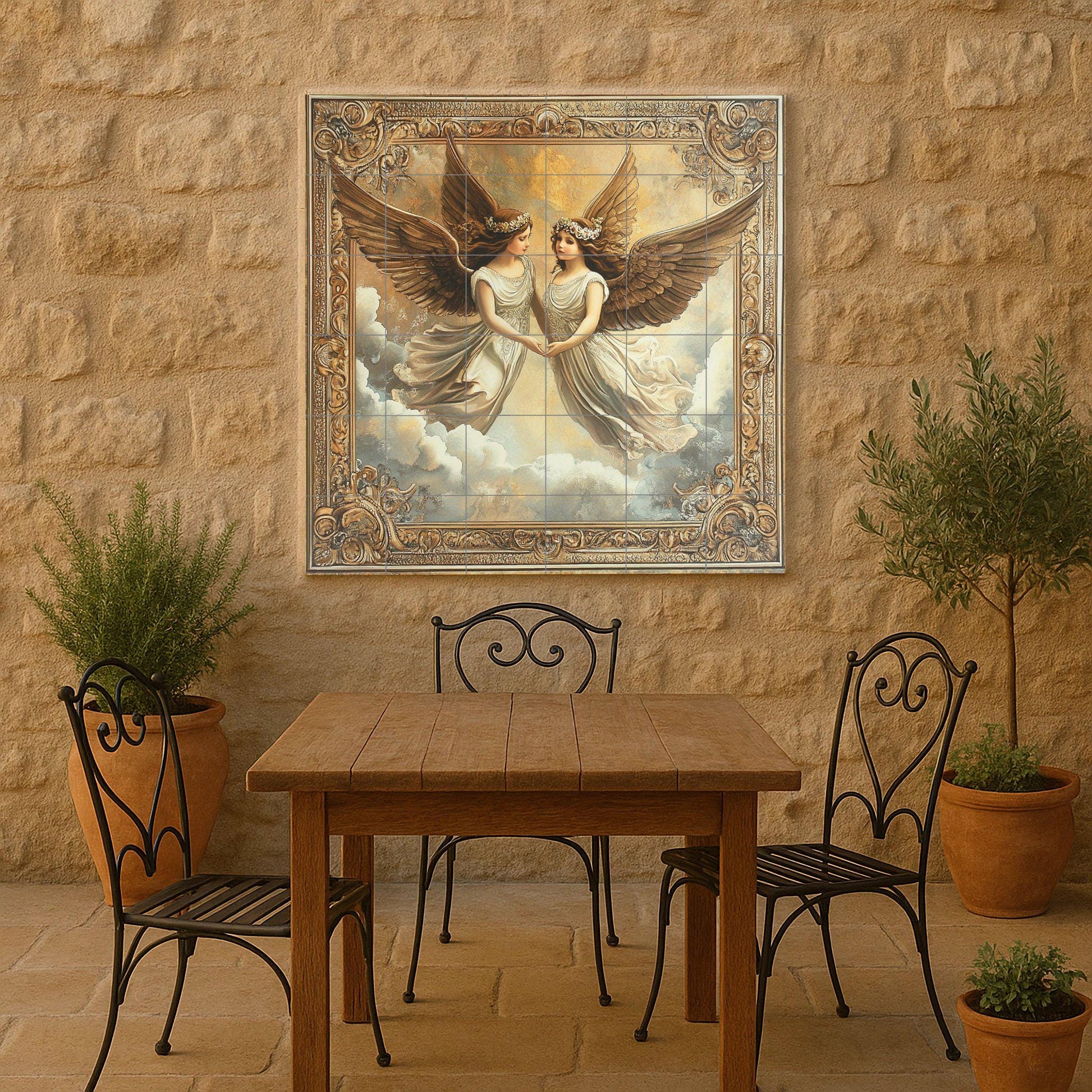 "Engel Gemelos — Fliesen-Wandbild aus Keramik · Christliche Wandkunst