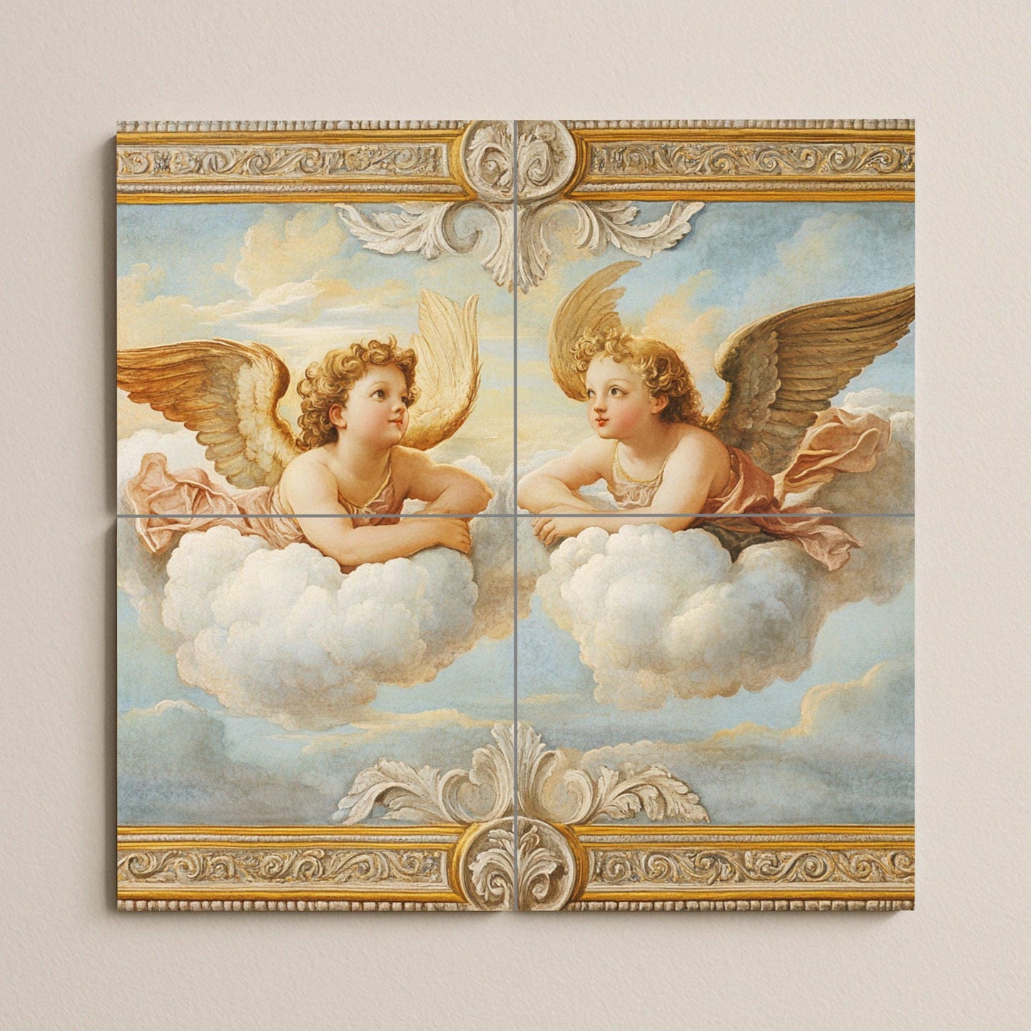 Mural cerámico de ángeles querubines renacentistas, inspirado en los…