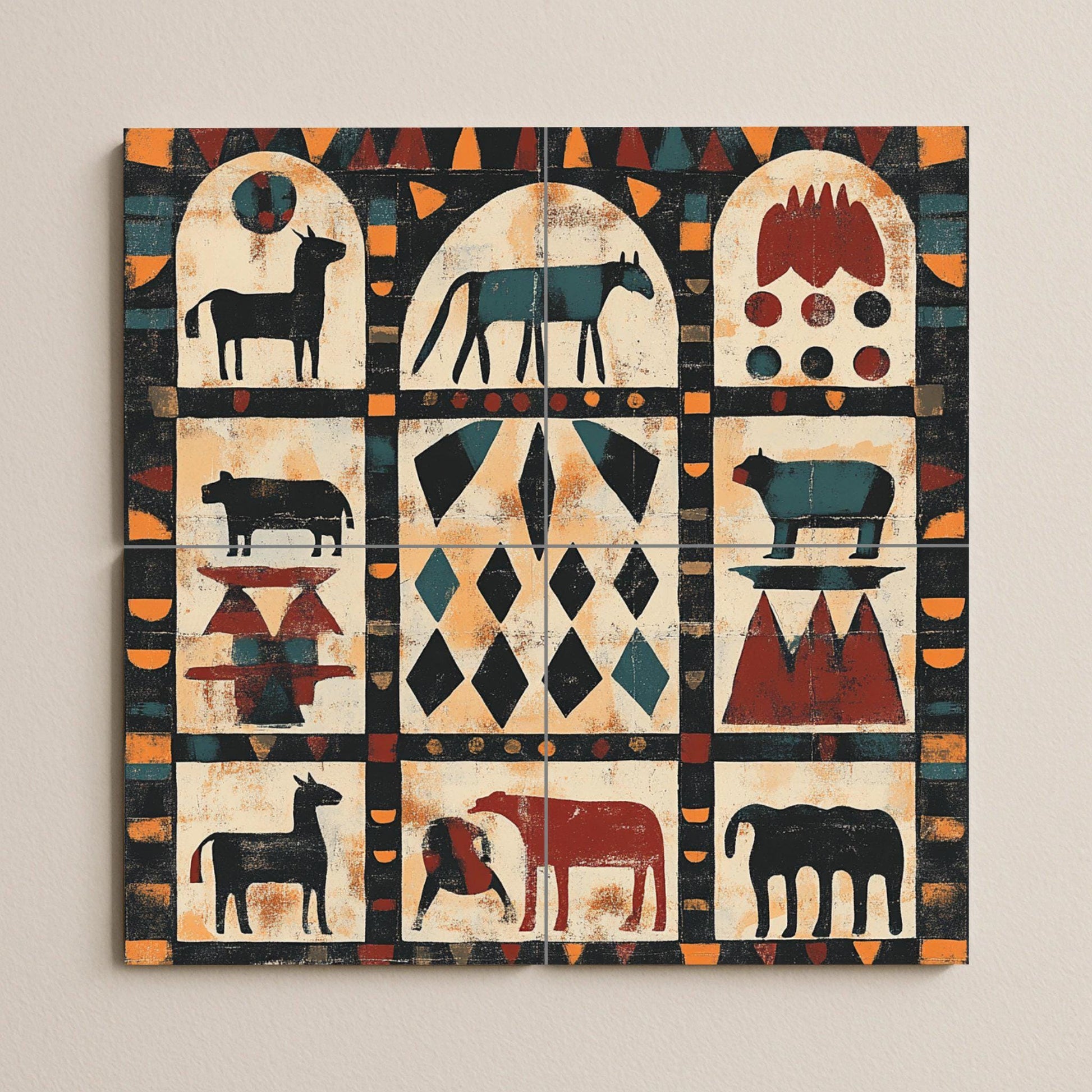 Mural nubio sudanés — Motivos geométricos de animales, arcos tribales…