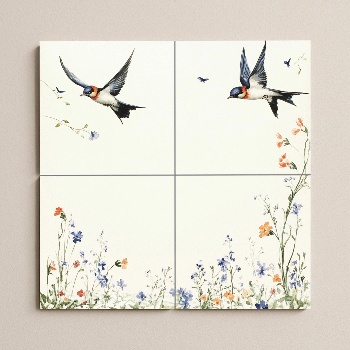 "Schwalben von Frühling — Fliesen-Wandbild aus Keramik · Botanische Landschaft