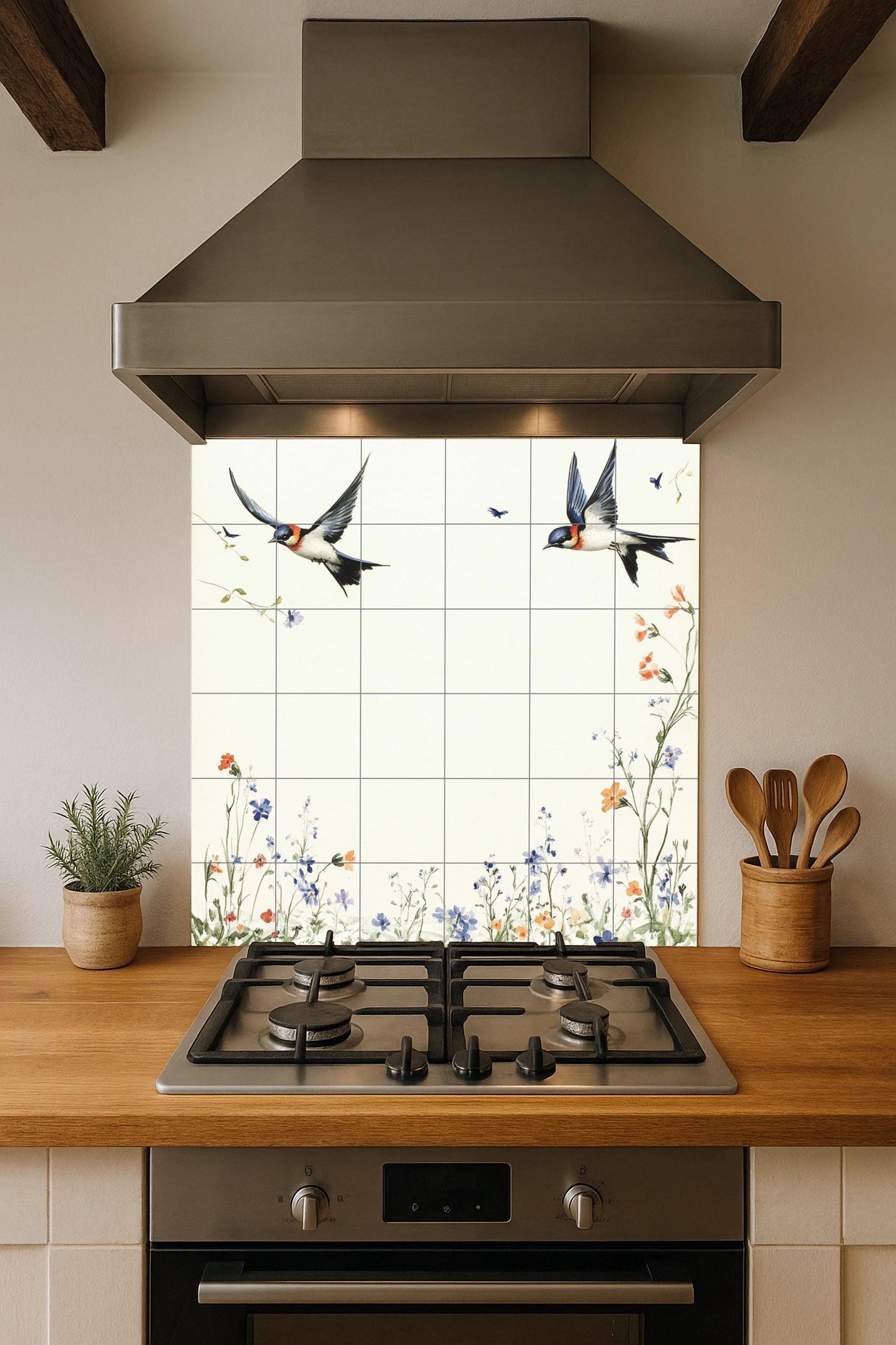 "Schwalben von Frühling — Fliesen-Wandbild aus Keramik · Botanische Landschaft