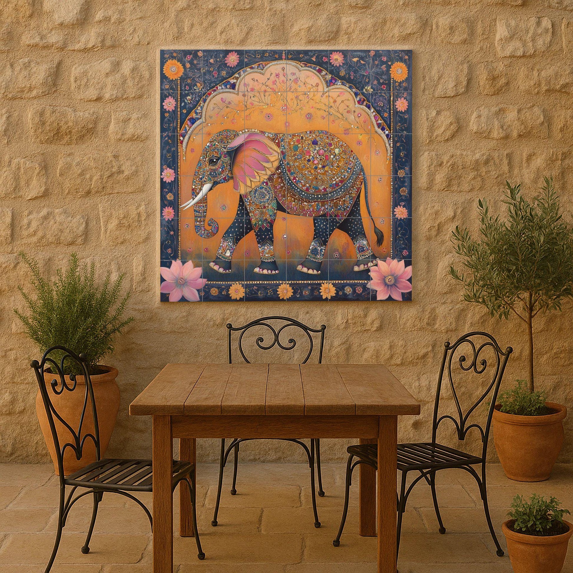 Elefantes di la Reale Jaipur · Murale Ceramico — Pannello Ornamentale