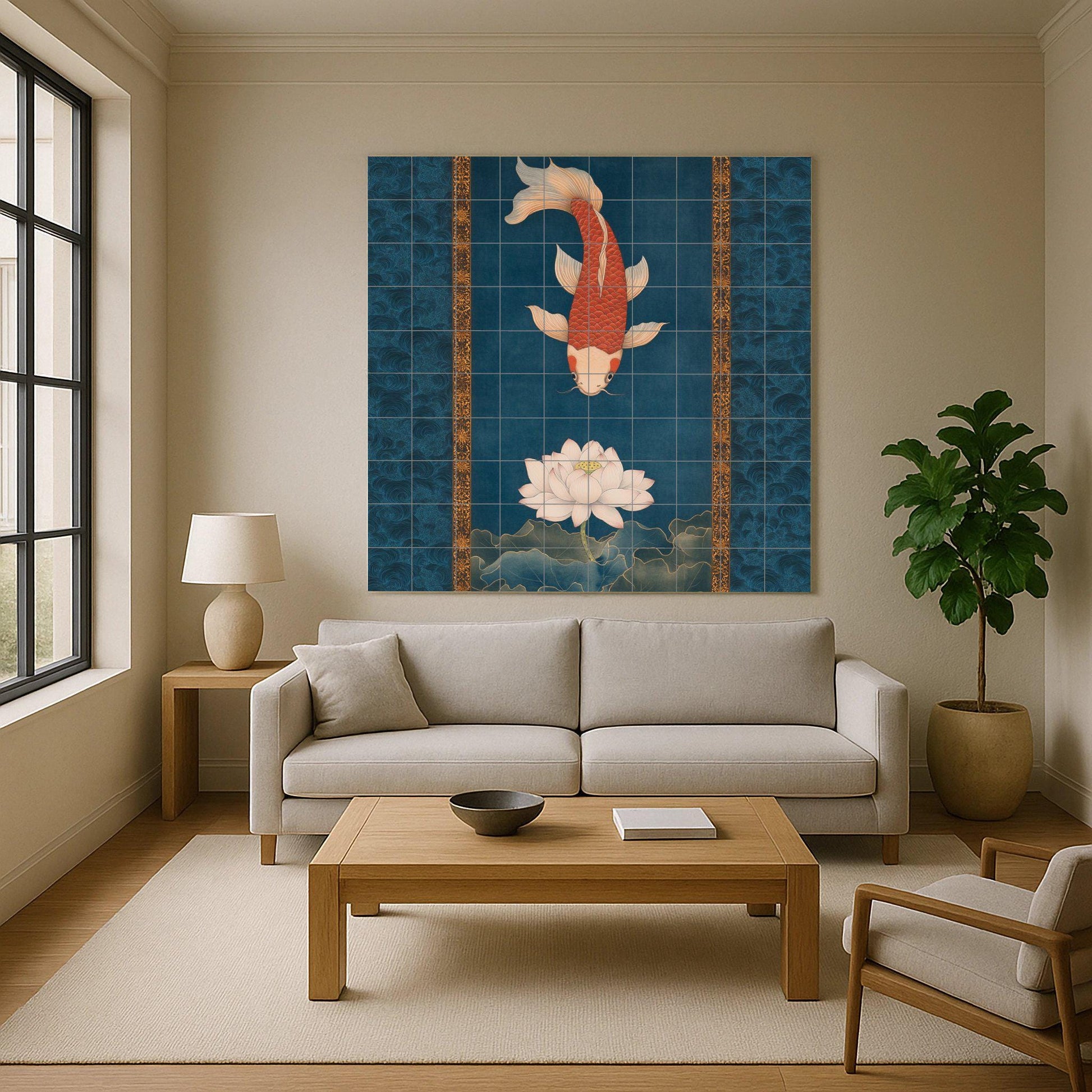 Fresque en Carrelage Loto et koi — Décor Jardin et Nature