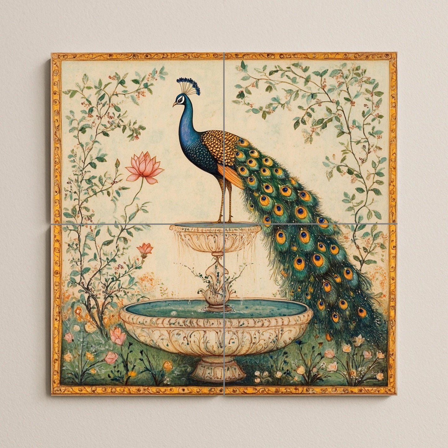 Fuente de Paon Indien — Fresque Murale en Carreaux de Céramique · Décor Jardin et Nature