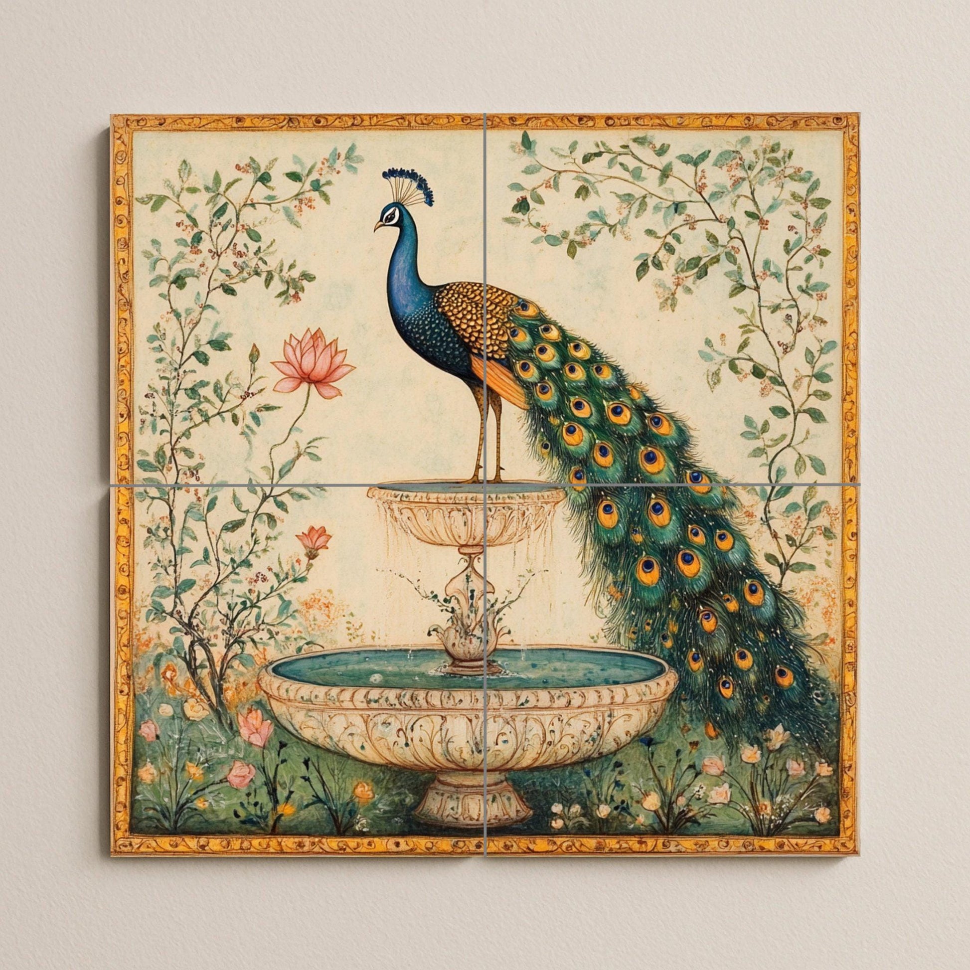 Fuente de Paon Indien — Fresque Murale en Carreaux de Céramique · Décor Jardin et Nature