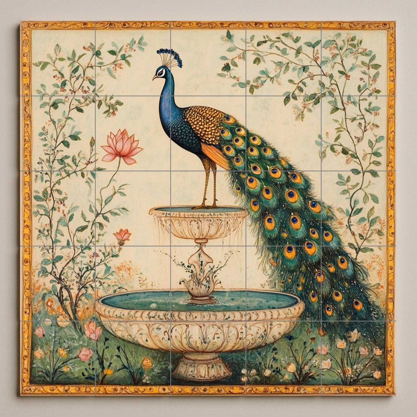 Fuente de Paon Indien — Fresque Murale en Carreaux de Céramique · Décor Jardin et Nature