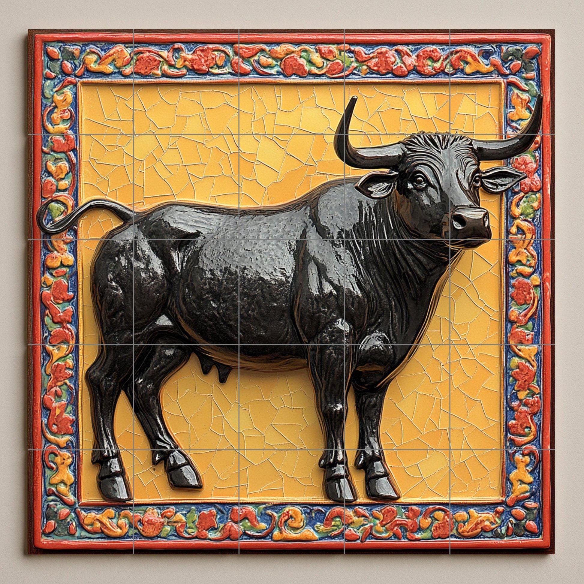 Ein Stier majestuoso · Keramik-Wandbild — Fauna-Fliesenkunst