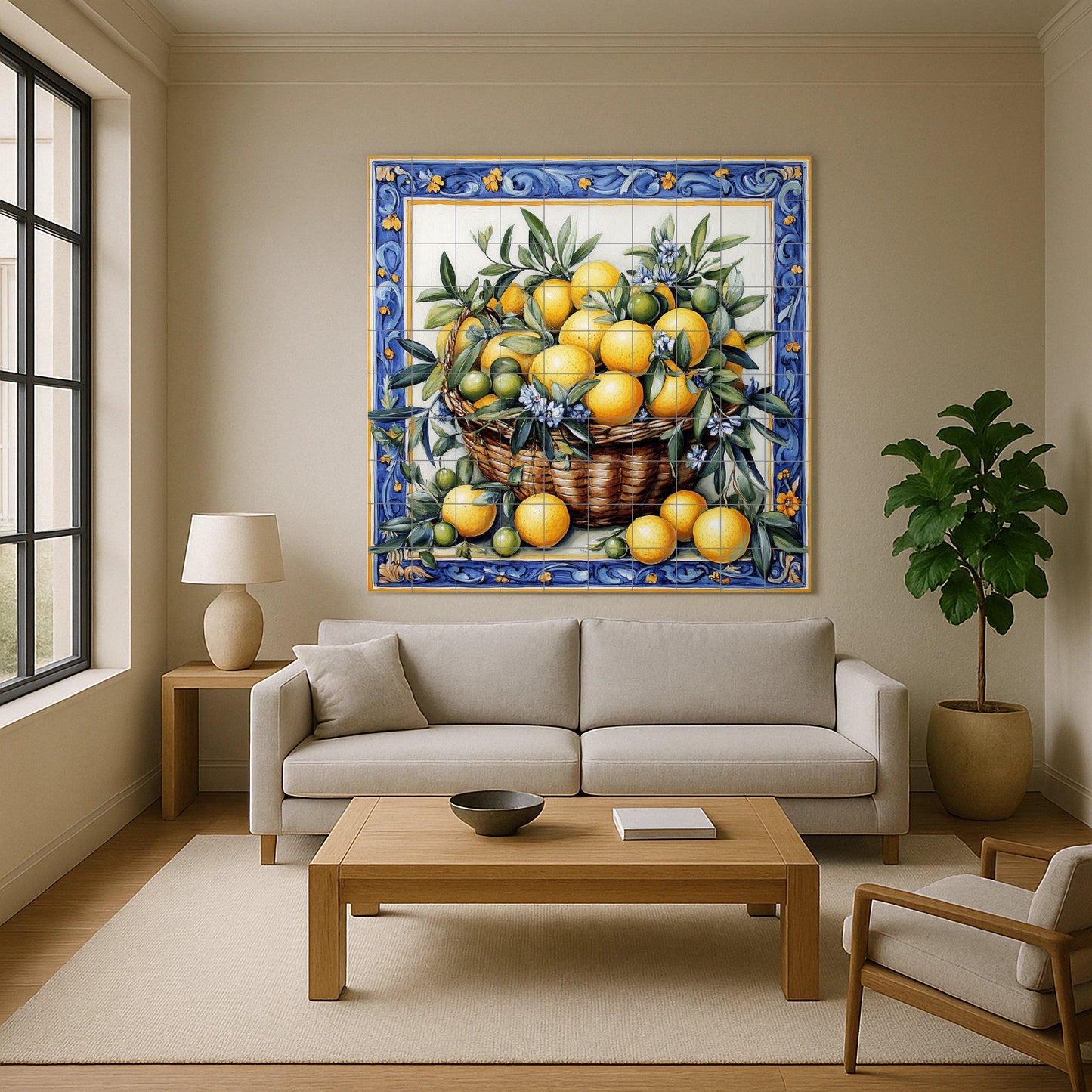 Mural cerámico con cesta de limones y naranjas