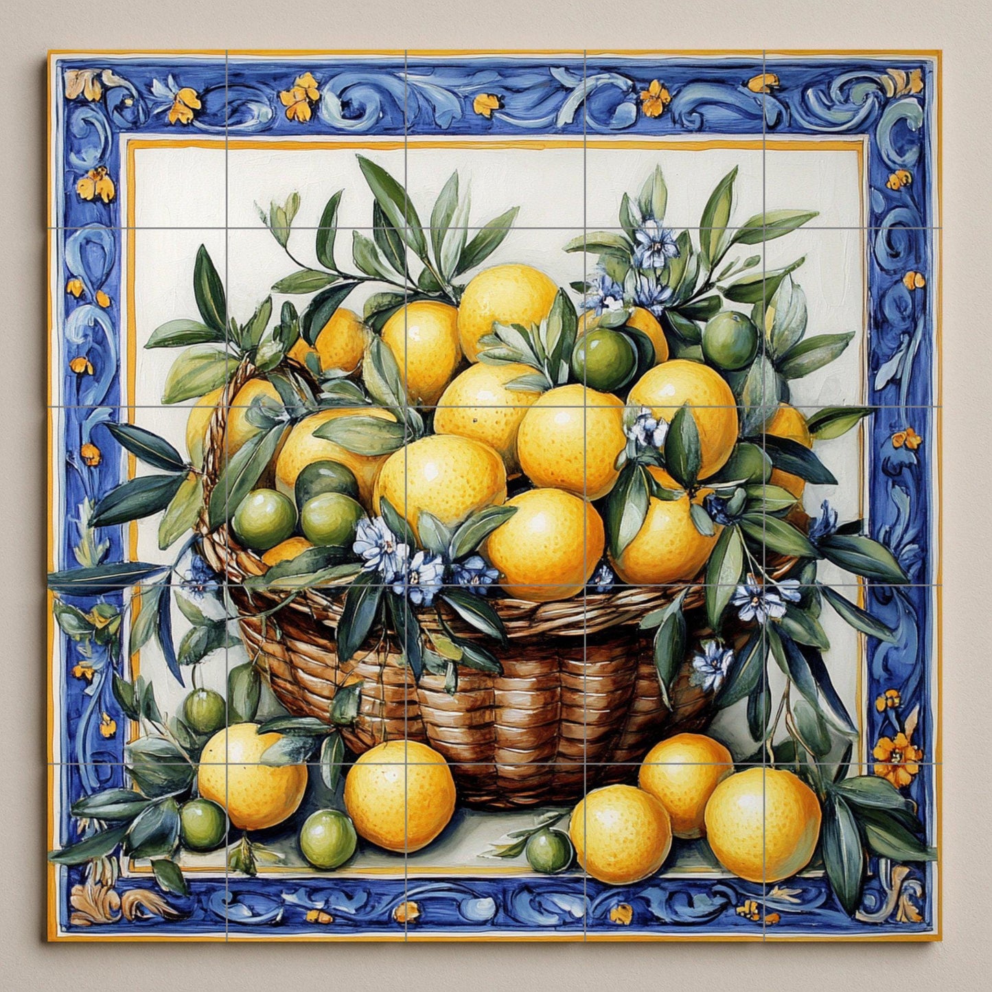 Mural cerámico con cesta de limones y naranjas