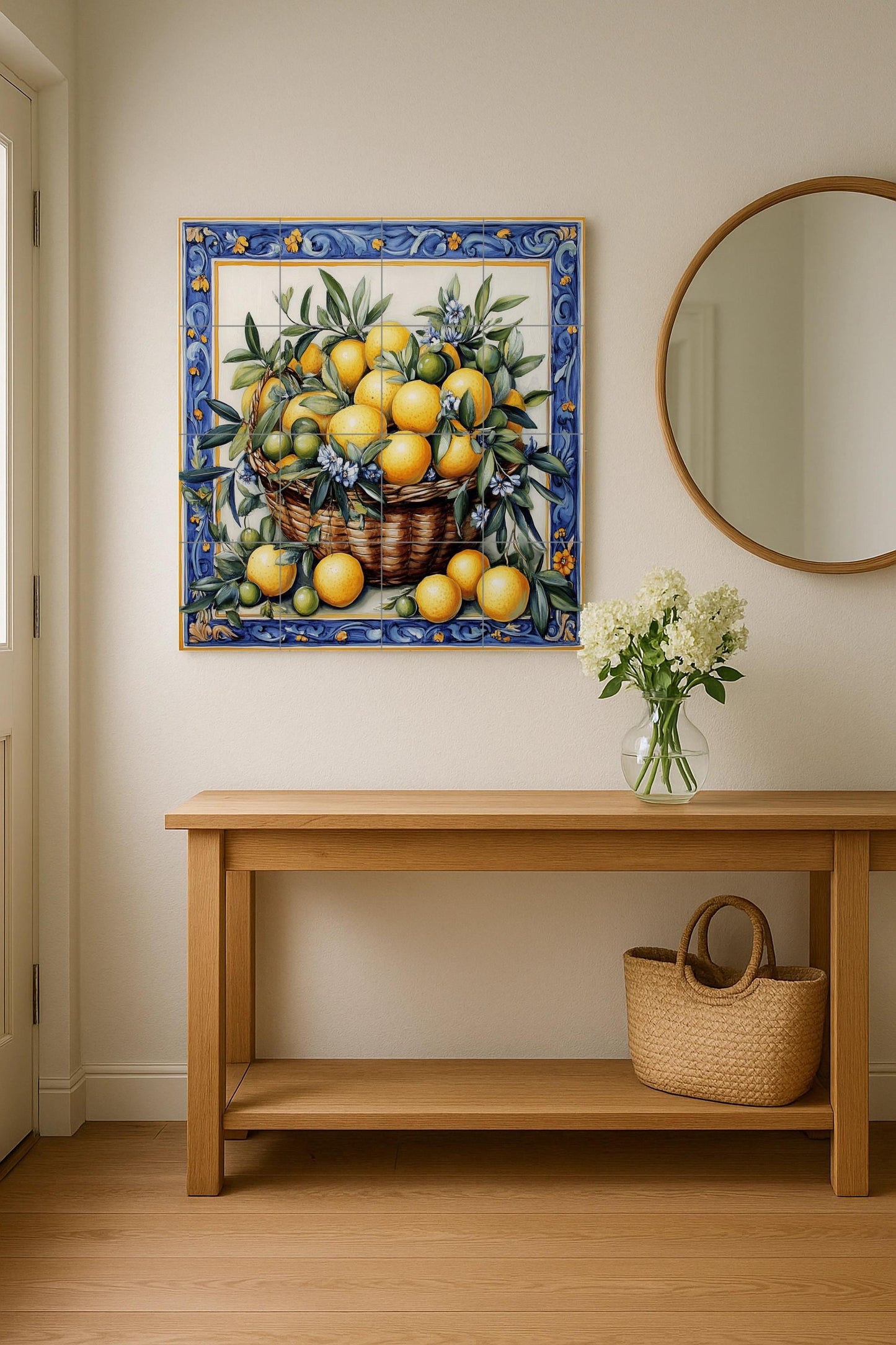 Mural cerámico con cesta de limones y naranjas