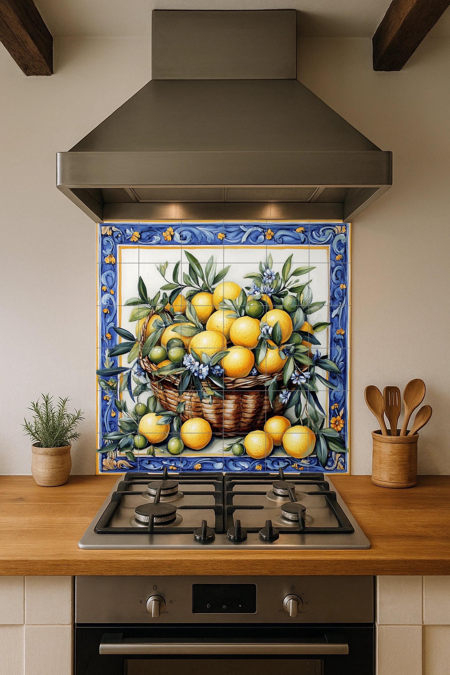 Mural cerámico con cesta de limones y naranjas